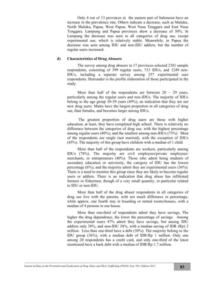 Journal of Data on the Prevention and Eradication of Drug Abuse and Illicit Trafficking (P4GN) Year 2011 Edition 2012
83
Only 4 out of 13 provinces in the eastern part of Indonesia have an
increase in the prevalence rate. Others indicate a decrease, such as Maluku,
North Maluku, Papua, West Papua, West Nusa Tenggara and East Nusa
Tenggara. Lampung and Papua provinces show a decrease of 50%. In
Lampung the decrease was seen in all categories of drug use, except
experimental use, which is relatively stable. Meanwhile, in Papua the
decrease was seen among IDU and non-IDU addicts, but the number of
regular users increased.
d) Characteristics of Drug Abusers
The survey among drug abusers in 17 provinces selected 2381 sample
respondents, consisting of 399 regular users, 733 IDUs, and 1249 non-
IDUs, including a separate survey among 257 experimental user
respondents. Hereunder is the profile elaboration of those participated in the
study.
More than half of the respondents are between 20 – 29 years,
particularly among the regular users and non-IDUs. The majority of IDUs
belong to the age group 30-39 years (49%), an indication that they are not
new drug users. Males have the largest proportion in all categories of drug
use, than females, and becomes larger among IDUs.
The greatest proportion of drug users are those with higher
education, at least, they have completed high school. There is relatively no
difference between the categories of drug use, with the highest percentage
among regular users (80%), and the smallest among non-IDUs (73%). Most
of the respondents are single (not married), with the exception of IDUs
(45%). The majority of this group have children with a median of 1 child.
More than half of the respondents are workers, particularly among
IDUs (78%). The majority are civil employees/private employees/
merchants, or entrepreneurs (40%). Those who admit being students of
secondary education or university, the category of IDU has the lowest
percentage (6%), and the majority admit they are experimental users (36%).
There is a need to monitor this group since they are likely to become regular
users or addicts. There is an indication that drug abuse has infiltrated
farmers or fishermen, though of a very small quantity, in particular related
to IDU or non-IDU.
More than half of the drug abuser respondents in all categories of
drug use live with the parents, with not much difference in percentage,
while approx. one fourth stay in boarding or rented rooms/houses, with a
median of 4 persons in one house.
More than one-third of respondents admit they have savings, The
higher the drug dependence, the lower the percentage of savings. Among
the experimental users 47% admit they have savings, but among IDU
addicts only 38%, and non-IDU 34%, with a median saving of IDR (Rp) 2
million. Less than one-third have a debt (30%). The majority belong to the
IDU group (36%), with a median debt of IDR/Rp 1 million. Only one
among 20 respondents has a credit card, and only one-third of the latest
mentioned have a back debt with a median of IDR/Rp 1.7 million.
 