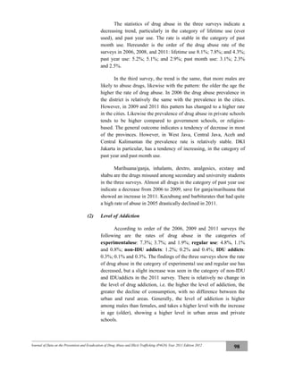 Journal of Data on the Prevention and Eradication of Drug Abuse and Illicit Trafficking (P4GN) Year 2011 Edition 2012
98
The statistics of drug abuse in the three surveys indicate a
decreasing trend, particularly in the category of lifetime use (ever
used), and past year use. The rate is stable in the category of past
month use. Hereunder is the order of the drug abuse rate of the
surveys in 2006, 2008, and 2011: lifetime use 8.1%; 7.8%; and 4.3%;
past year use: 5.2%; 5.1%; and 2.9%; past month use: 3.1%; 2.3%
and 2.5%.
In the third survey, the trend is the same, that more males are
likely to abuse drugs, likewise with the pattern: the older the age the
higher the rate of drug abuse. In 2006 the drug abuse prevalence in
the district is relatively the same with the prevalence in the cities.
However, in 2009 and 2011 this pattern has changed to a higher rate
in the cities. Likewise the prevalence of drug abuse in private schools
tends to be higher compared to government schools, or religion-
based. The general outcome indicates a tendency of decrease in most
of the provinces. However, in West Java, Central Java, Aceh and
Central Kalimantan the prevalence rate is relatively stable. DKI
Jakarta in particular, has a tendency of increasing, in the category of
past year and past month use.
Marihuana/ganja, inhalants, dextro, analgesics, ecstasy and
shabu are the drugs misused among secondary and university students
in the three surveys. Almost all drugs in the category of past year use
indicate a decrease from 2006 to 2009, save for ganja/marihuana that
showed an increase in 2011. Kecubung and barbiturates that had quite
a high rate of abuse in 2005 drastically declined in 2011.
(2) Level of Addiction
According to order of the 2006, 2009 and 2011 surveys the
following are the rates of drug abuse in the categories of
experimentaluse: 7.3%; 3.7%; and 1.9%; regular use: 4.8%, 1.1%
and 0.8%; non-IDU addicts: 1.2%; 0.2% and 0.4%; IDU addicts:
0.3%; 0.1% and 0.3%. The findings of the three surveys show the rate
of drug abuse in the category of experimental use and regular use has
decreased, but a slight increase was seen in the category of non-IDU
and IDUaddicts in the 2011 survey. There is relatively no change in
the level of drug addiction, i.e. the higher the level of addiction, the
greater the decline of consumption, with no difference between the
urban and rural areas. Generally, the level of addiction is higher
among males than females, and takes a higher level with the increase
in age (older), showing a higher level in urban areas and private
schools.
 