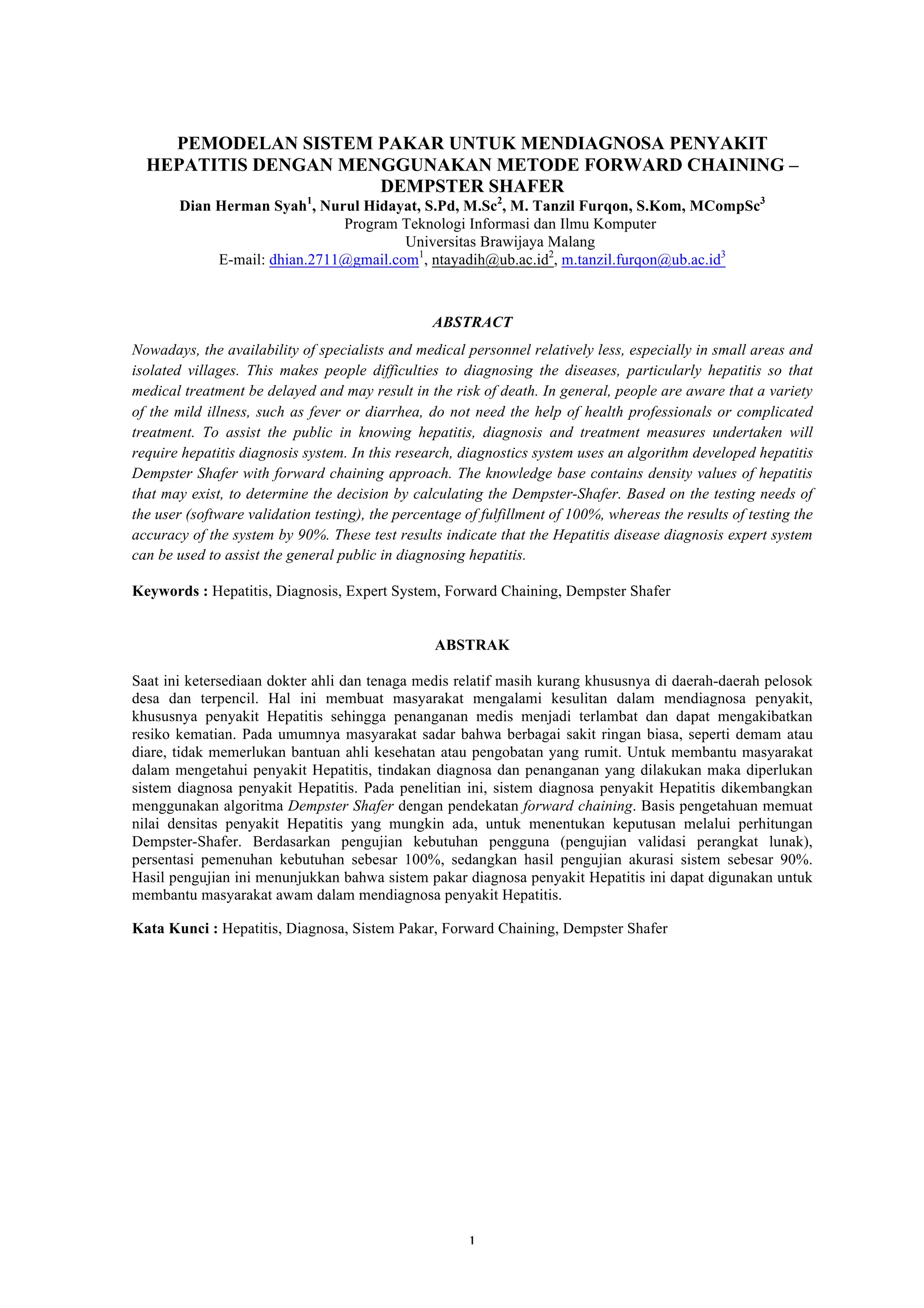 PEMODELAN SISTEM PAKAR UNTUK MENDIAGNOSA PENYAKIT HEPATITIS DENGAN ...
