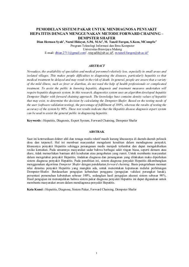 Pemodelan Sistem Pakar Untuk Mendiagnosa Penyakit Hepatitis Dengan Me