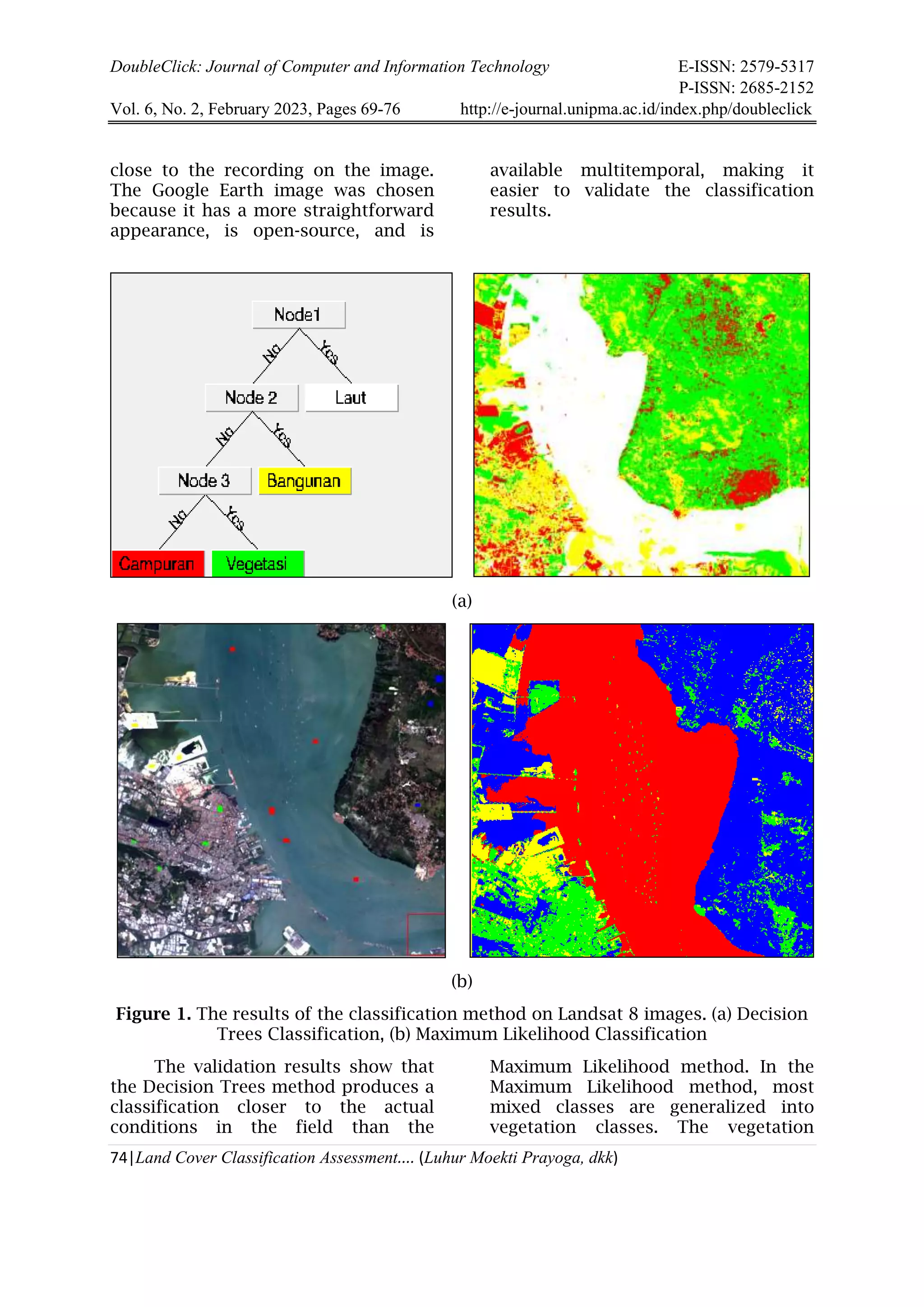 DoubleClick: Journal of Computer and Information Technology E-ISSN: 2579-5317
P-ISSN: 2685-2152
Vol. 6, No. 2, February 2023, Pages 69-76 http://e-journal.unipma.ac.id/index.php/doubleclick
74|Land Cover Classification Assessment.... (Luhur Moekti Prayoga, dkk)
close to the recording on the image.
The Google Earth image was chosen
because it has a more straightforward
appearance, is open-source, and is
available multitemporal, making it
easier to validate the classification
results.
(a)
(b)
Figure 1. The results of the classification method on Landsat 8 images. (a) Decision
Trees Classification, (b) Maximum Likelihood Classification
The validation results show that
the Decision Trees method produces a
classification closer to the actual
conditions in the field than the
Maximum Likelihood method. In the
Maximum Likelihood method, most
mixed classes are generalized into
vegetation classes. The vegetation
 
