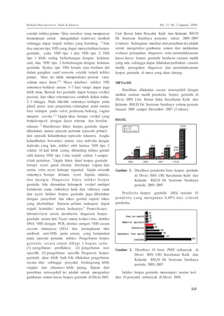 Berkala Ilmu Kese ha ta n Kulit & Kelam in Vol. 21 No. 2 Agustus 2009 
10 
3 
setelah infeksi primer. Virus tersebut tetap mempunyai 
kemampuan untuk mengadakan reaktivasi kembali 
sehingga dapat terjadi infeksi yang berulang. 1,2Ada 
dua macam tipe VHS yang dapat menyebabkan herpes 
genitalis, yaitu VHS tipe 1 dan VHS tipe 2. VHS 
tipe 1 lebih sering berhubungan dengan kelainan 
oral, dan VHS tipe 2 berhubungan dengan kelainan 
genitalia. Kedua tipe VHS berada atau berdiam diri 
dalam ganglion saraf sensoris setelah terjadi infeksi 
primer. Virus ini tidak memproduksi protein virus 
selama masa laten.3,4 Masa inkubasi infeksi VHS 
umumnya berkisar antara 3–7 hari tetapi dapat juga 
lebih lama. Bentuk lesi genitalia dapat berupa vesikel, 
pustule, dan ulkus eritematosus, sembuh dalam waktu 
2–3 minggu. Pada laki-laki umumnya terdapat pada 
gland penis atau preputium, sedangkan pada wanita 
bisa terdapat pada vulva, perineum, bokong, vagina 
maupun serviks.1,2 Gejala khas berupa vesikel yang 
berkelompo k dengan dasar eritema dan bersifat 
2 
Unit Rawat Jalan Penyakit Kulit dan Kelamin RSUD 
Dr. Soetomo Surabaya perioder tahun 2005–2007 
(3 tahun). Sedangkan manfaat dari penelitian ini adalah 
untuk mengetahui gambaran umum dan melakukan 
evaluasi penegakan diagnosis serta penatalaksanaan 
kasus-kasus herpes genitalis berdasar catatan medik 
yang ada, sehingga dapat dilakukan perbaikan catatan 
medik, penegakan diagnosis dan penatalaksanaan 
herpes genitalis di masa yang akan datang. 
METoDE 
Penelitian dilakukan secara retrospektif dengan 
melihat catatan medik penderita herpes genitalis di 
Divisi IMS Unit Rawat Jalan Kesehatan Kulit dan 
Kelamin RSUD Dr. Soetomo Surabaya selama periode 
Januari 2005 sampai Desember 2007 (3 tahun). 
HASIL 
rekuren. Manifestasi klinis herpes genitalis dapat 
H. Genitalis 
Div isi IMS 
16705 
(0,05%) 
dibedakan antara episode pertama (episode primer) 
dan episode kekambuhan (episode rekuren). Angka 
kekambuhan bervariasi antara satu individu dengan 
individu yang lain, infeksi oleh karena VHS tipe 2 
sekitar 16 kali lebih sering dibanding infeksi genital 
oleh karena VHS tipe 1 dan terjadi sekitar 3 sampai 
1 
URJ Kulit & Kelamin 
4998 
741 
29 
1086 
30 
5860 
989 
24 
5847 
2899 
(2,9%) 
83 
4 kali pertahun. Gejala klinis lokal herpes genitalis 
2005 2006 2007 TOTAL 
berupa nyeri, gatal, disuria, discharge vagina dan 
uretra serta nyeri kelenjar inguinal. Gejala sistemik 
umumnya berupa demam, nyeri kepala, malaise, 
dan myalgia. Diagnos is klinis infeks i herpes 
genitalis bila ditemukan kelompok vesikel multipel 
berukuran sama, timbulnya lama dan sifatnya sama 
dan nyeri. Infeksi herpes genitalis juga dibedakan 
dengan penyebab lain ulkus genital seperti ulkus 
yang disebabkan Treponema pallidum, walaupun dapat 
terjadi koinfeksi antara keduanya.3 Pemeriksaan 
laboratorium untuk membantu diagnosis herpes 
Gambar 1. Distribusi penderita baru herpes genitalis 
di Divisi IMS URJ Kesehatan Kulit dan 
Kelamin RSUD Dr. Soetomo Surabaya 
periode 2005–2007 
Penderit a herpes genitalis (HG) tercatat 83 
penderit a yang merupakan 0,49% dari s eluruh 
penderita. 
16 
genitalis antara lain Tzank smear, isolasi virus, deteksi 
DNA VHS dengan PCR, deteksi antigen VHS secara 
enzyme immunoassay (EIA) dan peningkatan titer 
antibodi anti-VHS pada serum, yang bermanfaat 
pada episode pertama infeksi. Pengobatan herpes 
genitalis s ecara umum dibagi 3 bagian yaitu: 
Ulkus non spesi fi k 
Bakteriri al vagionosi s 
Barthol ini tis 
Kandidiasi s Vulvo vaginal 
UNS/IGNS 
26 
26 
27 
83 
98 
168 
195 
231 
572 
(1) pengobatan profilaksis; (2) pengobatan non 
spesifik; (3) pengobatan spesifik. Prognosis herpes 
genitalis akan lebih baik bila dilakukan pengobatan 
secara dini sehingga penyakit berlangsung lebih 
singkat dan rekurensi lebih jarang. Tujuan dari 
penelitian retrospektif ini adalah untuk mengetahui 
gambaran umum kasus herpes genitalis di Divisi IMS 
Gambar 2. Distribusi 10 Jenis PMS terbanyak di 
Divisi IMS URJ Kesehatan Kulit dan 
Kelamin RSUD Dr. Soetomo Surabaya 
periode 2005–2007 
Infeksi herpes genitalis menempat i urutan ke-6 
dari 10 penyakit terbanyak di Divisi IMS. 
 