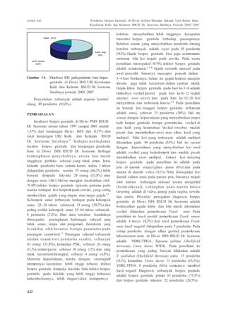 Artikel Asli Penderita Herpes Genitalis di Divisi Infeksi Menular Seksual Unit Rawat Jalan 
10 
6 
Kesehatan Kulit dan Kelamin RSUD Dr. Soetomo Surabaya Periode 2005–2007 
kondom (18,3%) 
pemrk. pasangan 
(33,7%) 
kontrol ulang 
(59%) 
keluhan menyebabkan lebih tingginya kecepatan 
transmisi herpes genitalis terhadap pasangannya. 
Keluhan utama yang menyebabkan penderita datang 
berobat terbanyak adalah nyeri pada 45 penderita 
(54,2%). Gejala herpes genitalis bisa juga asimtomatis 
terutama bila lesi terjadi pada serviks. Pada suatu 
penelitian retrospektif 50-70% infeksi herpes genitalis 
adalah asimtomatis.2,4,8 Gejala sistemik muncul pada 
awal penyakit biasanya mencapai puncak dalam 
Gambar 14. Distribusi KIE pada penderita baru herpes 
genitalis di Divisi IMS URJ Kesehatan 
Kulit dan Kelamin RSUD Dr. Soetomo 
Surabaya periode 2005–2007 
Penyuluhan terbanyak adalah anjuran kontrol 
ulang: 49 penderita (81,6%). 
PEMBAHASAN 
Insidensi herpes genitalis di Divisi PMS RSUD 
Dr. Soetomo antara tahun 1997 sampai 2001 adalah 
1,37% dari kunjungan Divisi IMS dan 0,17% dari 
total kunjungan URJ Kulit dan Kelamin RSUD 
Dr. Soetomo Surabaya.6 Terdapat peningkatan 
insiden herpes genitalis dan kunjungan penderita 
baru di Divisi IMS RSUD Dr. Soetomo. Berbagai 
kemungkinan penyebabny a antara lain mas ih 
tingginya perilaku seksual yang tidak aman. Jenis 
kelamin penderita baru selama kurun waktu 3 tahun 
didapatkan penderita wanita 55 orang (66,2%) lebih 
banyak daripada laki-laki 28 orang (33,8%) atau 
dengan rasio 1,96:1. Hal ini mungkin disebabkan oleh 
70–90% infeksi herpes genitalis episode pertama pada 
wanita terdapat lesi herpetik pada serviks, yang sering 
memberikan gejala yang ringan atau tanpa gejala.4,9 
Kelompok umur terbanyak terdapat pada kelompok 
umur 25–34 tahun sebanyak 33 orang (39,7%) dan 
paling sedikit kelompok umur 55–64 tahun sebanyak 
6 penderita (7,2%). Dari data tersebut hendaknya 
diwaspadai peningkatan hubungan seksual yang 
tidak aman, tanpa alat pengaman (kondom) yang 
berakibat efek berantai berup a penularan pada 
pasangan suami-istri.11 Pasangan seksual terbanyak 
adalah s uami/ is t ri penderit a s endiri, s ebanyak 
43 orang (51,8%), kemudian PSK, sebesar 26 orang 
(31,3%), teman/pacar, sebesar 10 orang (12%) dan yang 
tidak tercantum/disangkal, sebesar 4 orang (4,8%). 
Menurut kepustakaan, wanita dengan seronegatif 
mempunyai kecepatan lebih tinggi terkena infeksi 
herpes genitalis daripada laki-laki. Sifat infeksi herpes 
genitalis pada laki-laki yang lebih tinggi frekuensi 
kekambuhannya, lebih ringan/t idak terdapatnya 
3–4 hari berikutnya. Selain itu gejala leukore ataupun 
disuria juga tidak tercantum dalam catatan medik. 
Gejala klinis herpes genitalis pada hari ke-1–6 adalah 
timbulnya vesikel/pustul, pada hari ke-6–12 terjadi 
ulserasi (wet ulcer), dan pada hari ke-12–20 lesi 
menyembuh dan terbentuk krusta.1,4 Pada penelitian 
ini bentuk lesi tunggal herpes genitalis terbanyak 
adalah erosi, sebesar 25 penderita (30%). Hal itu 
sesuai dengan kepustakaan yang menyebutkan erupsi 
kulit herpes genitalis berupa gerombolan vesikel di 
atas kulit yang kemerahan. Vesikel tersebut mudah 
pecah dan menimbulkan erosi atau ulkus kecil yang 
multipel. Sifat lesi yang terbanyak adalah multipel 
ditemukan pada 44 penderita (53%). Hal ini sesuai 
dengan kepustakaan yang menyebutkan lesi awal 
adalah vesikel yang berkelompok dan mudah pecah 
menimbulkan erosi multipel. Lokasi lesi tersering 
herpes genitalis pada penelitian ini adalah pada 
pria di daerah corpus/glans penis (6%) dan pada 
wanita di daerah vulva (18,1%). Perlu diwaspadai lesi 
daerah sekitar anus pada pasien pria, biasanya terjadi 
oleh karena hubungan seksual secara anogenital 
(homos eks ual), s edangkan pada wanit a lokas i 
tersering adalah di vulva, jarang pada vagina, serviks 
dan uretra. Prosedur penegakan diagnosis herpes 
genitalis di Divisi IMS RSUD Dr. Soetomo adalah 
berdasarkan gejala klinis dan bila masih ditemukan 
vesikel dilakukan pemeriksaan Tzank smear. Pada 
penelitian ini hasil positif pemeriksaan Tzank smear 
adalah 4 kasus (8,2%) dari total pemeriksaan Tzank 
smear, hasil negatif didapatkan pada 5 penderita. Pada 
setiap penderita dengan ulkus genital, pemeriksaan 
laboratorium rutin di Divisi IMS RSUD Dr. Soetomo 
adalah: VDRL/TPHA, Treponema pallidum (Darkfield 
microscopy), Unna ducreyi, WR/K. Pada penelitian ini 
pemeriksaan yang paling banyak dilakukan adalah 
T. pallidum (Darkfield Microscopy) yaitu 15 penderita 
(18,1%), kemudian Unna ducreyi 11 penderita (13,3%), 
VDRL/TPHA 8 penderita (9,6%), semuanya memberi 
hasil negatif. Diagnosis terbanyak herpes genitalis 
adalah herpes genitalis primer 61 penderita (73,5%) 
dan herpes genitalis rekuren 22 penderita (26,5%). 
 