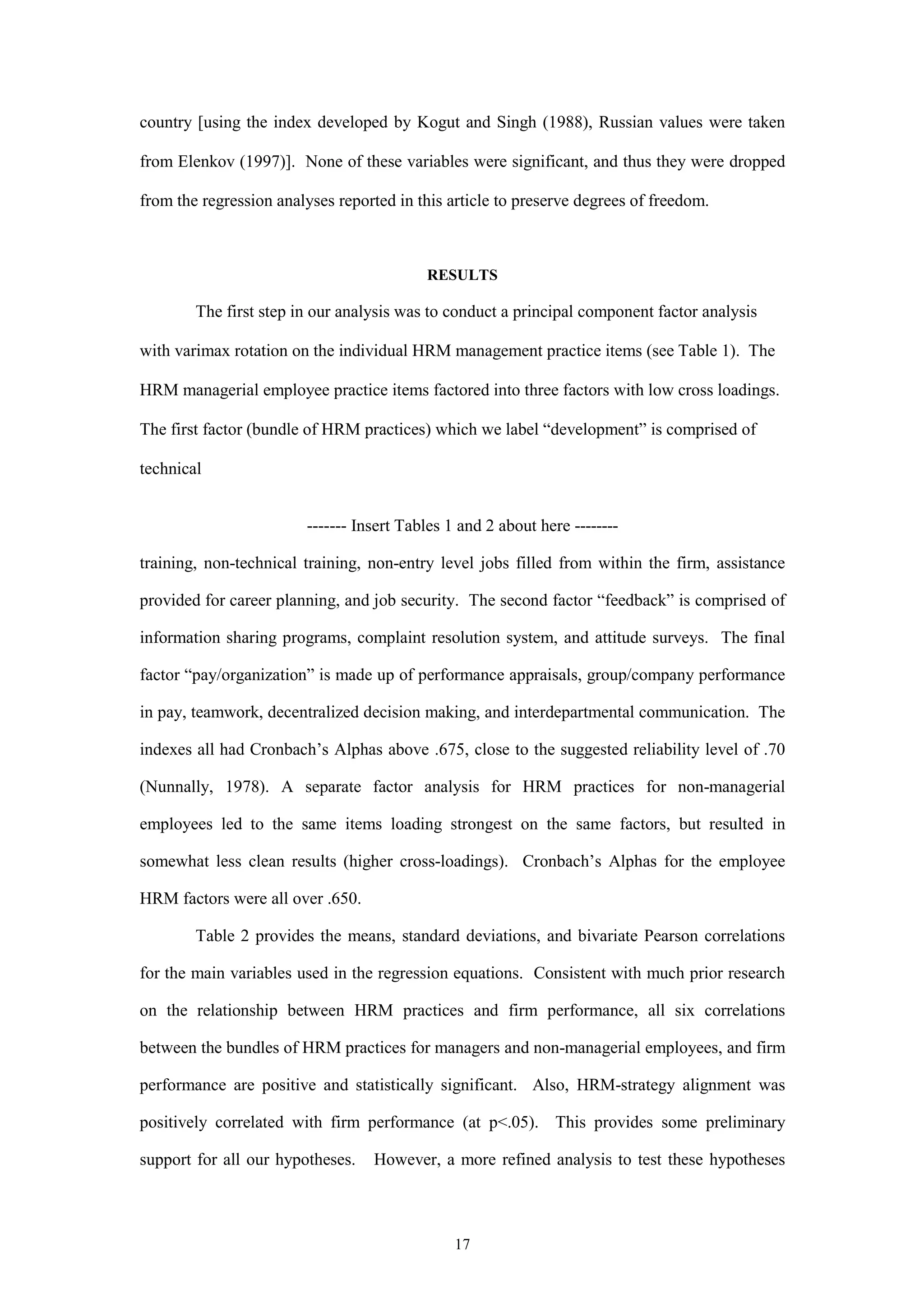 country [using the index developed by Kogut and Singh (1988), Russian values were taken

from Elenkov (1997)]. None of these variables were significant, and thus they were dropped

from the regression analyses reported in this article to preserve degrees of freedom.



                                          RESULTS

        The first step in our analysis was to conduct a principal component factor analysis

with varimax rotation on the individual HRM management practice items (see Table 1). The

HRM managerial employee practice items factored into three factors with low cross loadings.

The first factor (bundle of HRM practices) which we label “development” is comprised of

technical


                        ------- Insert Tables 1 and 2 about here --------

training, non-technical training, non-entry level jobs filled from within the firm, assistance

provided for career planning, and job security. The second factor “feedback” is comprised of

information sharing programs, complaint resolution system, and attitude surveys. The final

factor “pay/organization” is made up of performance appraisals, group/company performance

in pay, teamwork, decentralized decision making, and interdepartmental communication. The

indexes all had Cronbach’s Alphas above .675, close to the suggested reliability level of .70

(Nunnally, 1978). A separate factor analysis for HRM practices for non-managerial

employees led to the same items loading strongest on the same factors, but resulted in

somewhat less clean results (higher cross-loadings). Cronbach’s Alphas for the employee

HRM factors were all over .650.

        Table 2 provides the means, standard deviations, and bivariate Pearson correlations

for the main variables used in the regression equations. Consistent with much prior research

on the relationship between HRM practices and firm performance, all six correlations

between the bundles of HRM practices for managers and non-managerial employees, and firm

performance are positive and statistically significant. Also, HRM-strategy alignment was

positively correlated with firm performance (at p<.05). This provides some preliminary

support for all our hypotheses.   However, a more refined analysis to test these hypotheses



                                               17
 