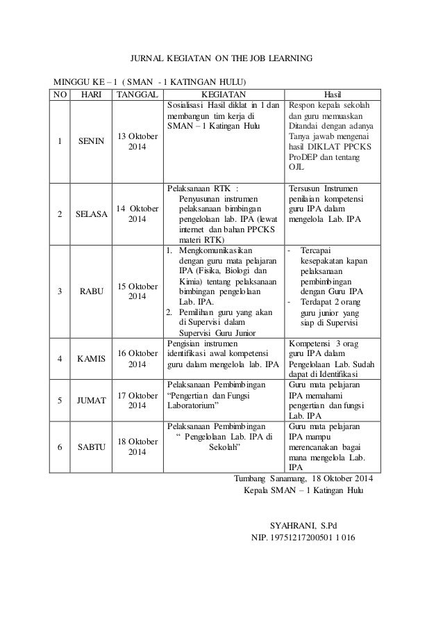 Contoh Pengisian Jurnal Harian Kepala Sekolah