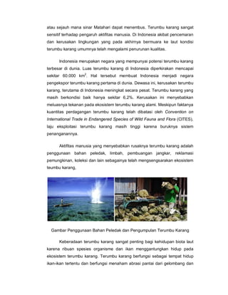 atau sejauh mana sinar Matahari dapat menembus. Terumbu karang sangat
sensitif terhadap pengaruh aktifitas manusia. Di Indonesia akibat pencemaran
dan kerusakan lingkungan yang pada akhirnya bermuara ke laut kondisi
terumbu karang umumnya telah mengalami penurunan kualitas.
Indonesia merupakan negara yang mempunyai potensi terumbu karang
terbesar di dunia. Luas terumbu karang di Indonesia diperkirakan mencapai
sekitar 60.000 km2
. Hal tersebut membuat Indonesia menjadi negara
pengekspor terumbu karang pertama di dunia. Dewasa ini, kerusakan terumbu
karang, terutama di Indonesia meningkat secara pesat. Terumbu karang yang
masih berkondisi baik hanya sekitar 6,2%. Kerusakan ini menyebabkan
meluasnya tekanan pada ekosistem terumbu karang alami. Meskipun faktanya
kuantitas perdagangan terumbu karang telah dibatasi oleh Convention on
International Trade in Endangered Species of Wild Fauna and Flora (CITES),
laju eksploitasi terumbu karang masih tinggi karena buruknya sistem
penanganannya.
Aktifitas manusia yang menyebabkan rusaknya terumbu karang adalah
penggunaan bahan peledak, limbah, pembuangan jangkar, reklamasi
pemungkinan, koleksi dan lain sebagainya telah mengsengsarakan ekosistem
teumbu karang,
Gambar Penggunaan Bahan Peledak dan Pengumpulan Terumbu Karang
Keberadaan terumbu karang sangat penting bagi kehidupan biota laut
karena ribuan spesies organisme dan ikan menggantungkan hidup pada
ekosistem terumbu karang. Terumbu karang berfungsi sebagai tempat hidup
ikan-ikan tertentu dan berfungsi menaham abrasi pantai dari gelombang dan
 