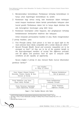Peran Mahkamah Konstitusi dalam Mewujudkan Fair Equality of Opportunity di Indonesia (Analisis Putusan Nomor
117/Puu-Vii/2009)
Jurnal Konstitusi, Volume 9, Nomor 1, Maret 201292
1.	 Memaksimalkan kemerdekaan. Pembatasan terhadap kemerdekaan ini
hanya untuk kepentingan kemerdekaan itu sendiri.
2.	 Kesetaraan bagi semua orang, baik kesetaraan dalam kehidupan
sosial maupun kesetaraan dalam bentuk pemanfaatan kekayaan alam
(social goods). Pembatasan dalam hal ini hanya dapat diizinkan bila
ada kemungkinan keuntungan yang lebih besar.
3.	 Kesetaraan kesempatan untuk kejujuran, dan penghapusan terhadap
ketidaksetaraan berdasarkan kelahiran dan kekayaan.
Untuk menjawab permasalahan keadilan di atas, Rawls mengemukakan
2 prinsip keadilan, yaitu:
1.	 First Principle Liberty. Each person is to have an equal right to the
most extensive basic liberty compatible with a similar liberty for others.41
2.	 Second Principle Wealth. Social and economic inequalities are to be
arranged so that:42
(a) they are to be of the greatest benefit to
the least-advantaged members of society (the difference principle),
and (b) offices and positions must be open to everyone under
conditions of fair equality of opportunity.
Secara singkat 2 prinsip di atas menurut Rawls muncul dikarenakan
pemikiran berikut:43
Prinsip Perbedaan
(Difference Principle)
Bagan 1. Teori Keadilan Menurut John Rawls
Teori Keadilan
(A Theory of Justice)
Posisi Original (Original Position)
Rationality, Freedom, Equality  Basic
Structure of Society
Selubung Ketidaktahuan
(Veil of Ignorance)
Prinsip Kebebasan yang Sama
(Equal Liberty Principle)
Prinsip Ketidaksamaan
(Inequality Principle)
Prinsip Persamaan Kesempatan
(Equal Opportunity Principle)
com/2010/10/19/teori-keadilan-john-rawls-pemahaman-sederhana-buku-a-theory-of-justice/, diunduh 7 Juni 2011.
41	
John Rawls, A Theory of Justice, Massachusetts, Cambridge: The Belknap Press of Harvard University Press, 1971, h. 53.
42	
Ibid., h. 303.
43	
Muhammad Ilham Hermawan, Loc.cit.
 