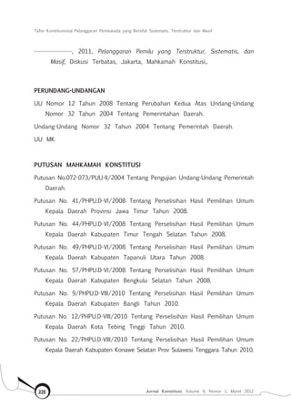Tafsir Konstitusional Pelanggaran Pemilukada yang Bersifat Sistematis, Terstruktur dan Masif
Jurnal Konstitusi, Volume 9, Nomor 1, Maret 2012228
------------------, 2011, Pelanggaran Pemilu yang Terstruktur, Sistematis, dan
Masif, Diskusi Terbatas, Jakarta, Mahkamah Konstitusi,.
PERUNDANG-UNDANGAN
UU Nomor 12 Tahun 2008 Tentang Perubahan Kedua Atas Undang-Undang
Nomor 32 Tahun 2004 Tentang Pemerintahan Daerah.
Undang-Undang Nomor 32 Tahun 2004 Tentang Pemerintah Daerah.
UU MK
PUTUSAN MAHKAMAH KONSTITUSI
Putusan No.072-073/PUU-II/2004 Tentang Pengujian Undang-Undang Pemerintah
Daerah.
Putusan No. 41/PHPU.D-VI/2008 Tentang Perselisihan Hasil Pemilihan Umum
Kepala Daerah Provinsi Jawa Timur Tahun 2008.
Putusan No. 44/PHPU.D-VI/2008 Tentang Perselisihan Hasil Pemilihan Umum
Kepala Daerah Kabupaten Timur Tengah Selatan Tahun 2008.
Putusan No. 49/PHPU.D-VI/2008 Tentang Perselisihan Hasil Pemilihan Umum
Kepala Daerah Kabupaten Tapanuli Utara Tahun 2008.
Putusan No. 57/PHPU.D-VI/2008 Tentang Perselisihan Hasil Pemilihan Umum
Kepala Daerah Kabupaten Bengkulu Selatan Tahun 2008.
Putusan No. 9/PHPU.D-VIII/2010 Tentang Perselisihan Hasil Pemilihan Umum
Kepala Daerah Kabupaten Bangli Tahun 2010.
Putusan No. 12/PHPU.D-VIII/2010 Tentang Perselisihan Hasil Pemilihan Umum
Kepala Daerah Kota Tebing Tinggi Tahun 2010.
Putusan No. 22/PHPU.D-VIII/2010 Tentang Perselisihan Hasil Pemilihan Umum
Kepala Daerah Kabupaten Konawe Selatan Prov Sulawesi Tenggara Tahun 2010.
 