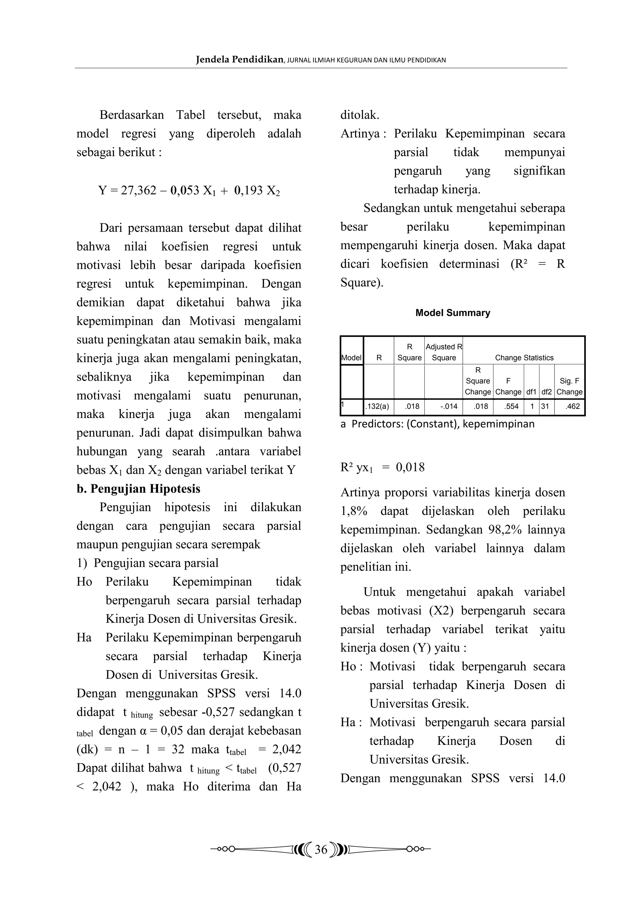 Jendela Pendidikan, JURNAL ILMIAH KEGURUAN DAN ILMU PENDIDIKAN




    Berdasarkan Tabel tersebut, maka                      ditolak.
model regresi yang diperoleh adalah                       Artinya : Perilaku Kepemimpinan secara
sebagai berikut :                                                   parsial     tidak     mempunyai
                                                                    pengaruh       yang    signifikan
    Y = 27,362          X         ,193 X2                           terhadap kinerja.
                                                               Sedangkan untuk mengetahui seberapa
      Dari persamaan tersebut dapat dilihat               besar        perilaku        kepemimpinan
bahwa nilai koefisien regresi untuk                       mempengaruhi kinerja dosen. Maka dapat
motivasi lebih besar daripada koefisien                   dicari koefisien determinasi (R² = R
regresi untuk kepemimpinan. Dengan                        Square).
demikian dapat diketahui bahwa jika
                                                                                Model Summary
kepemimpinan dan Motivasi mengalami
suatu peningkatan atau semakin baik, maka                                     R   Adjusted R
kinerja juga akan mengalami peningkatan,                  Model      R      Square Square               Change Statistics
                                                                                                 R
sebaliknya jika kepemimpinan dan                                                               Square   F             Sig. F
                                                                                               Change Change df1 df2 Change
motivasi mengalami suatu penurunan,
                                                          1       .132(a)    .018     -.014      .018     .554    1 31      .462
maka kinerja juga akan mengalami
                                                          a Predictors: (Constant), kepemimpinan
penurunan. Jadi dapat disimpulkan bahwa
hubungan yang searah .antara variabel
bebas X1 dan X2 dengan variabel terikat Y                 R² yx1 = 0,018
b. Pengujian Hipotesis                                    Artinya proporsi variabilitas kinerja dosen
      Pengujian hipotesis ini dilakukan                   1,8% dapat dijelaskan oleh perilaku
dengan cara pengujian secara parsial                      kepemimpinan. Sedangkan 98,2% lainnya
maupun pengujian secara serempak                          dijelaskan oleh variabel lainnya dalam
1) Pengujian secara parsial                               penelitian ini.
Ho Perilaku        Kepemimpinan        tidak
                                                              Untuk mengetahui apakah variabel
       berpengaruh secara parsial terhadap
                                                          bebas motivasi (X2) berpengaruh secara
       Kinerja Dosen di Universitas Gresik.
                                                          parsial terhadap variabel terikat yaitu
Ha Perilaku Kepemimpinan berpengaruh
                                                          kinerja dosen (Y) yaitu :
       secara parsial terhadap Kinerja
                                                          Ho : Motivasi tidak berpengaruh secara
       Dosen di Universitas Gresik.
                                                                parsial terhadap Kinerja Dosen di
Dengan menggunakan SPSS versi 14.0
                                                                Universitas Gresik.
didapat t hitung sebesar -0,527 sedangkan t
                                                          Ha : Motivasi berpengaruh secara parsial
tabel dengan α = 0,05 dan derajat kebebasan
                                                                terhadap     Kinerja   Dosen    di
(dk) = n – 1 = 32 maka ttabel = 2,042
                                                                Universitas Gresik.
Dapat dilihat bahwa t hitung < ttabel (0,527
                                                          Dengan menggunakan SPSS versi 14.0
< 2,042 ), maka Ho diterima dan Ha



                                                    36
 