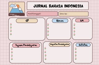 L
JURNAL Bahasa Indonesia
Hari/Tanggal: Jam ke :
Tujuan Pembelajaran Kegiatan Pembelajaran
CP Elemen LM
Catatan
 