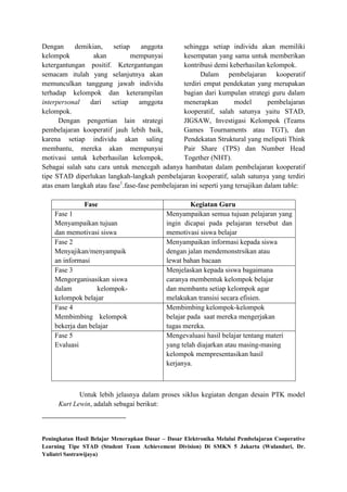 Dengan     demikian,     setiap    anggota        sehingga setiap individu akan memiliki
kelompok         akan           mempunyai         kesempatan yang sama untuk memberikan
ketergantungan positif. Ketergantungan            kontribusi demi keberhasilan kelompok.
semacam itulah yang selanjutnya akan                     Dalam pembelajaran kooperatif
memunculkan tanggung jawab individu               terdiri empat pendekatan yang merupakan
terhadap kelompok dan keterampilan                bagian dari kumpulan strategi guru dalam
interpersonal   dari    setiap    amggota         menerapkan        model        pembelajaran
kelompok.                                         kooperatif, salah satunya yaitu STAD,
      Dengan pengertian lain strategi             JIGSAW, Investigasi Kelompok (Teams
pembelajaran kooperatif jauh lebih baik,          Games Tournaments atau TGT), dan
karena setiap individu akan saling                Pendekatan Struktural yang meliputi Think
membantu, mereka akan mempunyai                   Pair Share (TPS) dan Number Head
motivasi untuk keberhasilan kelompok,             Together (NHT).
Sebagai salah satu cara untuk mencegah adanya hambatan dalam pembelajaran kooperatif
tipe STAD diperlukan langkah-langkah pembelajaran kooperatif, salah satunya yang terdiri
atas enam langkah atau fase1.fase-fase pembelajaran ini seperti yang tersajikan dalam table:

               Fase                                  Kegiatan Guru
    Fase 1                                  Menyampaikan semua tujuan pelajaran yang
    Menyampaikan tujuan                     ingin dicapai pada pelajaran tersebut dan
    dan memotivasi siswa                    memotivasi siswa belajar
    Fase 2                                  Menyampaikan informasi kepada siswa
    Menyajikan/menyampaik                   dengan jalan mendemonstrsikan atau
    an informasi                            lewat bahan bacaan
    Fase 3                                  Menjelaskan kepada siswa bagaimana
    Mengorganisasikan siswa                 caranya membentuk kelompok belajar
    dalam          kelompok-                dan membantu setiap kelompok agar
    kelompok belajar                        melakukan transisi secara efisien.
    Fase 4                                  Membimbing kelompok-kelompok
    Membimbing kelompok                     belajar pada saat mereka mengerjakan
    bekerja dan belajar                     tugas mereka.
    Fase 5                                  Mengevaluasi hasil belajar tentang materi
    Evaluasi                                yang telah diajarkan atau masing-masing
                                            kelompok mempresentasikan hasil
                                            kerjanya.



            Untuk lebih jelasnya dalam proses siklus kegiatan dengan desain PTK model
     Kurt Lewin, adalah sebagai berikut:



Peningkatan Hasil Belajar Menerapkan Dasar – Dasar Elektronika Melalui Pembelajaran Cooperative
Learning Tipe STAD (Student Team Achievement Division) Di SMKN 5 Jakarta (Wulandari, Dr.
Yuliatri Sastrawijaya)
 