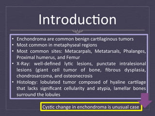 Introduc:on	
  
•  Enchondroma	
  are	
  common	
  benign	
  car:laginous	
  tumors	
  
•  Most	
  common	
  in	
  metaphyseal	
  regions	
  
•  Most	
   common	
   sites:	
   Metacarpals,	
   Metatarsals,	
   Phalanges,	
  
   Proximal	
  humerus,	
  and	
  Femur	
  
•  X-­‐Ray:	
   well-­‐deﬁned	
   ly:c	
   lesions,	
   punctate	
   intralesional	
  
   lesions	
   (giant	
   cell	
   tumor	
   of	
   bone,	
   ﬁbrous	
   dysplasia,	
  
   chondrosarcoma,	
  and	
  osteonecrosis	
  
•  Histology:	
   lobulated	
   tumor	
   composed	
   of	
   hyaline	
   car:lage	
  
   that	
   lacks	
   signiﬁcant	
   cellularity	
   and	
   atypia,	
   lamellar	
   bones	
  
   surround	
  the	
  lobules	
  

                     Cys:c	
  change	
  in	
  enchondroma	
  is	
  unusual	
  case	
  
 
