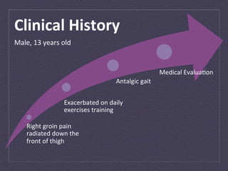 Clinical	
  History	
  
Male,	
  13	
  years	
  old	
  


                                                                          Medical	
  Evalua:on	
  
                                                   Antalgic	
  gait	
  


                          Exacerbated	
  on	
  daily	
  
                          exercises	
  training	
  

      Right	
  groin	
  pain	
  
      radiated	
  down	
  the	
  
      front	
  of	
  thigh	
  
 