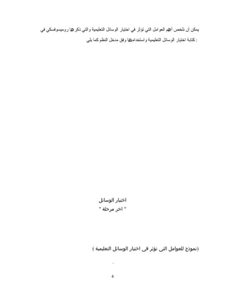 ‫یمكن‬‫أن‬‫نلخص‬‫م‬ ‫أ‬‫ھ‬‫العوامل‬‫التي‬‫تؤثر‬‫في‬‫اختیار‬‫الوسائل‬‫التعلیمیة‬‫والتي‬‫ا‬ ‫ذكر‬‫ھ‬‫رومیسوفسكي‬‫في‬
‫اختیار‬ ‫كتابة‬‫الوسائل‬‫التعلیمیة‬‫ا‬ ‫واستخدام‬‫ھ‬‫وفق‬‫مدخل‬‫النظم‬‫كما‬‫یلي‬ :
‫الوسائل‬ ‫اختيار‬
" ‫مرحلة‬ ‫اخر‬ "
( ‫التعليمية‬ ‫الوسائل‬ ‫اختيار‬ ‫فى‬ ‫تؤثر‬ ‫التى‬ ‫للعوامل‬ ‫)نموذج‬
ِ
44
 