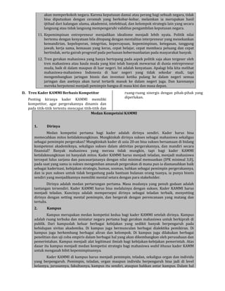 akan memperkokoh negara. Karena keputusan damai atau perang bagi sebuah negara, tidak
bisa diputuskan dengan ceramah yang berkobar-kobar, melainkan ia merupakan hasil
ijtihad dari kalangan ulama, akademisi, intelektual, dan kelompok strategis lain yang secara
langsung atau tidak langsung mempengaruhi validitas pengambilan keputusan negara.
11. Kepemimpinan entrepreneur menjadikan idealisme menjadi lebih nyata. Politik nilai
bertemu dengan kenyataan bila ditopang dengan mentalitas interpreneur yang menekankan
kemandirian, kepeloporan, integritas, kepercayaan, kepemimpinan, ketegasan, tanggung
jawab, kerja sama, kemauan yang keras, cepat belajar, cepat membaca peluang dan cepat
bertindak, serta gairah progresif pada perluasan kebermanfaatan pada masyarakat banyak.
12. Tren gerakan mahasiswa yang hanya bertopang pada aspek politik saja akan tergeser oleh
tren mahasiswa atau kaula muda yang kini telah banyak mewarnai di dunia entrepreneur
muda, baik di dalam maupun di luar negeri. Ini adalah kenyataan. Apalagi bila kita melihat
mahasiswa-mahasiswa Indonesia di luar negeri yang tidak sekedar studi, tapi
mengembangkan jaringan bisnis dan investasi ketika pulang ke dalam negeri semua
jaringan dan asetnya akan turut tertarik masuk ke dalam negeri juga. Dan karenanya
mereka berpotensi menjadi pemimpin bangsa di masa kini dan masa depan.
D. Tren Kader KAMMI Berbasis Kompetitor
Penting kiranya kader KAMMI memiliki
kompetitor, agar pergerakannya dinamis dan
pada titik-titik tertentu mencapai titik-titik dan
ruang-ruang sinergis dengan pihak-pihak yang
diperlukan.
Medan Kompetsisi KAMMI
1. Dirinya
Medan kompetisi pertama bagi kader adalah dirinya sendiri. Kader harus bisa
memecahkan mitos ketidakmungkinan. Mungkinkah dirinya sukses sebagai mahasiswa sekaligus
sebagai pemimpin pergerakan? Mungkinkah kader di usia 20-an bisa sukses bersamaan di bidang
kompetensi akademiknya, sekaligus sukses dalam aktivitas pergerakannya, dan mandiri secara
finansial? Banyak mahasiswa yang merasa tidak mungkin, tapi bagi kader KAMMI
ketidakmungkinan ini hanyalah mitos. Kader KAMMI harus menjadi teladan, menjadi mahasiswa
tercepat lulus sarjana dan pascasarjananya dengan nilai minimal memuaskan (IPK minimal 3,0),
pada saat yang sama ia sukses mengemban amanah pergerakan di mana pun ia diamanahkan baik
sebagai kaderisasi, kebijakan strategis, humas, sosmas, bahkan sebagai pemimpin pergerakannya,
dan ia pun sukses untuk tidak bergantung pada bantuan bulanan orang tuanya, ia punya bisnis
sendiri yang menjadikannya memiliki mental setara dengan para stakeholder.
Dirinya adalah medan pertarungan pertama. Masa mudanya yang penuh godaan adalah
tantangan tersendiri. Kader KAMMI harus bisa melaluinya dengan sukses. Kader KAMMI harus
menjadi teladan. Kuncinya adalah mempersepsi dirinya sebagai teladan terbaik, menyetting
dirinya dengan setting mental pemimpin, dan bergerak dengan perencanaan yang matang dan
tertulis.
2. Kampus
Kampus merupakan medan kompetisi kedua bagi kader KAMMI setelah dirinya. Kampus
adalah ruang terbuka dan miniatur negara pertama bagi gerakan mahasiswa untuk berkiprah di
publik. Dari kampuslah keluar berbagai kebijakan yang sedikit banyak berpengaruh pada
kehidupan sivitas akademika. Di kampus juga bermunculan berbagai dialektika pemikiran. Di
kampus juga berkembang berbagai aliran dan kelompok. Di kampus juga dilakukan berbagai
penelitian dan uji coba empiris dalam berbagai hal yang akan dikembangkan oleh perusahaan dan
pemerintahan. Kampus menjadi alat legitimasi ilmiah bagi kebijakan-kebijakan pemerintah. Atas
dasar itu kampus menjadi medan kompetisi strategis bagi mahasiswa wabil khusus kader KAMM
untuk mengasah bibit kepemimpinannya.
Kader KAMMI di kampus harus menjadi pemimpin, teladan, sekaligus organ dan individu
yang berpengaruh. Pemimpin, teladan, organ maupun individu berpengaruh bisa jadi di level
kelasnya, jurusannya, fakultasnya, kampus itu sendiri, ataupun bahkan antar kampus. Dalam hal
 