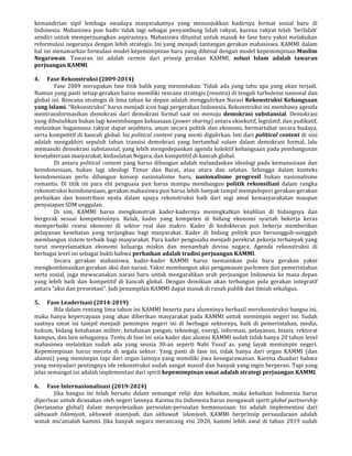 kemandirian sipil lembaga swadaya masyarakatnya yang menunjukkan hadirnya format sosial baru di
Indonesia. Mahasiswa pun hadir tidak lagi sebagai penyambung lidah rakyat, karena rakyat telah ‘berlidah’
sendiri untuk memperjuangkan aspirasinya. Mahasiswa dituntut untuk masuk ke fase baru yakni melakukan
reformulasi negaranya dengan lebih strategis. Ini yang menjadi tantangan gerakan mahasiswa. KAMMI dalam
hal ini menawarkan formulasi model kepemimpinan baru yang dikenal dengan model kepemimpinan Muslim
Negarawan. Tawaran ini adalah cermin dari prinsip gerakan KAMMI, solusi Islam adalah tawaran
perjuangan KAMMI.
4. Fase Rekonstruksi (2009-2014)
Fase 2009 merupakan fase titik balik yang menentukan. Tidak ada yang tahu apa yang akan terjadi.
Namun yang pasti setiap gerakan harus memiliki rencana strategis (renstra) di tengah turbulensi nasional dan
global ini. Rencana strategis di lima tahun ke depan adalah menggulirkan Narasi Rekonstruksi Kebangsaan
yang Islami. “Rekonstruksi” harus menjadi icon bagi pergerakan Indonesia. Rekonstruksi ini membawa agenda
mentransformasikan demokrasi dari demokrasi formal saat ini menuju demokrasi substansial. Demokrasi
yang dibutuhkan bukan lagi keseimbangan kekuasaan (power sharing) antara eksekutif, legislatif, dan yudikatif,
melainkan bagaimana rakyat dapat sejahtera, aman secara politik dan ekonomi, bermartabat secara budaya,
serta kompetitif di kancah global. Ini political content yang mesti digulirkan. Inti dari political content di sini
adalah mengakhiri sepuluh tahun transisi demokrasi yang bertambal sulam dalam demokrasi formal, lalu
memasuki demokrasi substansial, yang lebih mengedepankan agenda kolektif kebangsaan pada pembangunan
kesejahteraan masyarakat, kedaulatan Negara, dan kompetitif di kancah global.
Di antara political content yang harus dibangun adalah melandaskan ideologi pada kemanusiaan dan
keindonesiaan, bukan lagi ideologi Timur dan Barat, atau utara dan selatan. Sehingga dalam konteks
keindonesiaan perlu dibangun konsep nasionalisme baru, nasionalisme progresif bukan nasionalisme
romantis. Di titik ini para elit penguasa pun harus mampu membangun politik rekonsiliasi dalam rangka
rekonstruksi keindonesiaan, gerakan mahasiswa pun harus lebih banyak tampil mempelopori gerakan-gerakan
perbaikan dan konstribusi nyata dalam upaya rekonstruksi baik dari segi amal kemasyarakatan maupun
penyaiapan SDM unggulan.
Di sini, KAMMI harus mengkonstruk kader-kadernya meningkatkan keahlian di bidangnya dan
bergerak sesuai kompetensinya. Kelak, kader yang kompeten di bidang ekonomi syariah bekerja keras
memperbaiki resesi ekonomi di sektor real dan makro. Kader di kedokteran pun bekerja memberikan
pelayanan kesehatan yang terjangkau bagi masyarakat. Kader di bidang politik pun bersungguh-sungguh
membangun sistem terbaik bagi masyarakat. Para kader pengusaha menjadi perekrut pekerja terbanyak yang
turut menyelamatkan ekonomi keluarga miskin dan menambah devisa negara. Agenda rekonstruksi di
berbagai level ini sebagai bukti bahwa perbaikan adalah tradisi perjuangan KAMMI.
Secara gerakan mahasiswa, kader-kader KAMMI harus memainkan pola baru gerakan yakni
mengkombinasikan gerakan aksi dan narasi. Yakni membangun aksi pengawasan parlemen dan pemerintahan
serta sosial, juga mewacanakan narasi baru untuk mengarahkan arah perjuangan Indonesia ke masa depan
yang lebih baik dan kompetitif di kancah global. Dengan demikian akan terbangun pola gerakan integratif
antara “aksi dan presentasi”. Jadi penampilan KAMMI dapat masuk di ranah publik dan ilmiah sekaligus.
5. Fase Leaderisasi (2014-2019)
Bila dalam rentang lima tahun ini KAMMI beserta para alumninya berhasil merekonstruksi bangsa ini,
maka hanya kepercayaan yang akan diberikan masyarakat pada KAMMI untuk memimpin negeri ini. Sudah
saatnya umat ini tampil menjadi pemimpin negeri ini di berbagai sektornya, baik di pemerintahan, media,
hukum, bidang ketahanan militer, ketahanan pangan, teknologi, energi, informasi, pelayanan, bisnis, rektorat
kampus, dan lain sebagainya. Tentu di fase ini usia kader dan alumni KAMMI sudah tidak hanya 20 tahun level
mahasiswa melainkan sudah ada yang seusia 30-an seperti Nabi Yusuf as. yang layak memimpin negeri.
Kepemimpinan harus merata di segala sektor. Yang pasti di fase ini, tidak hanya dari organ KAMMI (dan
alumni) yang memimpin tapi dari organ lainnya yang memiliki jiwa kenegarawanan. Karena disadari bahwa
yang menyadari pentingnya ide rekonstruksi sudah sangat massif dan banyak yang ingin berperan. Tapi yang
jelas semangat ini adalah implementasi dari spirit kepemimpinan umat adalah strategi perjuangan KAMMI.
6. Fase Internasionalisasi (2019-2024)
Jika bangsa ini telah bersatu dalam semangat reliji dan kebaikan, maka kebaikan Indonesia harus
diperluas untuk dirasakan oleh negeri lainnya. Karena itu Indonesia harus mengawali spirit global partnership
(kerjasama global) dalam menyelesaikan persoalan-persoalan kemanusiaan. Ini adalah implementasi dari
ukhuwah Islamiyah, ukhuwah insaniyah, dan ukhuwah ‘alamiyah. KAMMI berprinsip persaudaraan adalah
watak mu’amalah kammi. Jika banyak negara merancang visi 2020, kammi lebih awal di tahun 2019 sudah
 