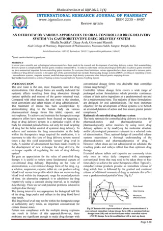 Bhalla.Neetika et al. IRJP 2012, 3 (4)
                             INTERNATIONAL RESEARCH JOURNAL OF PHARMACY
                               www.irjponline.com                                                                       ISSN 2230 – 8407
                                                                               Review Article


AN OVERVIEW ON VARIOUS APPROACHES TO ORAL CONTROLLED DRUG DELIVERY
          SYSTEM VIA GASTRORETENTIVE DRUG DELIVERY SYSTEM
                   Bhalla.Neetika*, Deep Arsh, Goswami Manish
                  Akal College of Pharmacy, Department of Pharmaceutics, Mastuana Sahib, Sangrur, Punjab, India
                                   Article Received on: 10/02/12 Revised on: 28/03/12 Approved for publication: 18/04/12

*Email: neetika.bhalla01@gmail.com
ABSTRACT
In recent years scientific and technological advancements have been made in the research and development of oral drug delivery system. Oral sustained drug
delivery system is complicated by limited gastric residence times (GRTs). In order to understand various physiological difficulties to achieve gastric retention,
we have summarized important factors controlling gastric retention. To overcome these limitations, various approaches have been proposed to increase gastric
residence of drug delivery systems in the upper part of the gastrointestinal tract includes floating drug dosage systems (FDDS), swelling or expanding systems
, mucoadhesive systems , magnetic systems, modified-shape systems, high density system and other delayed gastric emptying devices.
Keywords: Gastroretentive systems; Floating systems; buoyant delivery Systems; Swelling System

INTRODUCTION                                                                      conventional dosage forms less desirable than controlled
The oral route is the one, most frequently used for drug                          release drug therapy.2
administration. Oral dosage forms are usually indicated for                       Controlled release dosage form covers a wide range of
systemic effects resulting from drug absorption through                           prolonged action formulations which provides continuous
various epithelia and mucosa of the gastro intestinal tract.                      release of their active ingredients at a predetermined rate and
Compared with other routes, the oral route is the simplest,                       for a predetermined time. The majority of these formulations
most convenient and safest means of drug administration.1                         are designed for oral administration. The most important
The treatment of illness has been accomplished by                                 objective for the development of these systems is to furnish
administrating drug to the human body via various                                 an extended duration of action and thus assure greater patient
pharmaceutical dosage forms like tablet, capsule, and                             compliance.3
microspheres. To achieve and maintain the therapeutics range                      Rationale of controlled drug delivery system
extensive effort have recently been focused on targeting a                        The basic rationale for controlled drug delivery is to alter the
drug or drug delivery system in a particular region of the                        pharmacokinetics          and       pharmacodynamics          of
body for extended period of time, not only for local targeting                    pharmacologically active moieties by using novel drug
of drug but for better control of systemic drug delivery. To                      delivery systems or by modifying the molecular structure
achieve and maintain the drug concentration in the body                           and/or physiological parameters inherent in a selected route
within the therapeutics range required for medication, it is                      of administration. Thus, optimal design of controlled release
necessary to take this type of drug delivery system several                       systems necessitates a thorough understanding of the
times a day this yield undesirable ‘seesaw’ drug level in                         pharmacokinetics and pharmacodynamics of drug. 4
body. A number of advancement has been made recently in                           However, when doses are not administered on schedule, the
the development of new technique for drug delivery, the                           resulting peaks and valleys reflect less than optimum drug
technique capable of regulating the rate of drug delivery                         therapy.
system2                                                                           Extended release tablets and capsules are commonly taken
To gain an appreciation for the value of controlled drug                          only once or twice daily compared with counterpart
therapy it is useful to review some fundamental aspects of                        conventional forms that may need to be taken three to four
conventional drug delivery. Depending on the route of                             times daily to achieve the same therapeutic effect. Typically,
administration, a conventional dosage form of the drug, e.g.                      extended release products provide an immediate release of
a solution, suspension, capsule, tablet etc. can produce a drug                   drug which then is followed by the gradual and continual
blood level versus time profile which does not maintain drug                      release of additional amounts of drug to maintain this effect
blood level within the therapeutic range for extended periods                     over a predetermined period of time (Fig 1).2
of time. An alternative approach is to administer the drug
repetitively using a constant dosing interval, as in multiple
dose therapy. There are several potential problems inherent in
multiple dose therapy:
The dosing interval is not appropriate for biological half life
of the drug, large peaks and valleys in the drug blood level
may result.
The drug blood level may not be within the therapeutic range
at sufficiently early times, an important consideration for
certain disease states.                                                               Fig.1 Characteristic representation of plasma concentrations of a
Patient non compliance with the multiple dosing regimens                            conventional immediate release dosage form (IR), a sustained release
can result in failure of this approach.However, these                                 dosage form (SR) and an idealized zero-order controlled release
problems are significant enough to make drug therapy with                                (ZOCR) dosage form (in combination with a start-up dose).

                                                                                                                                                    Page 128
 