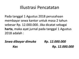 Illustrasi Pencatatan
Pada tanggal 1 Agustus 2018 perusahaan
membayar sewa kantor untuk masa 2 tahun
sebesar Rp. 12.000.000. Jika dicatat sebagai
harta, maka ayat jurnal pada tanggal 1 Agustus
2018 adalah :
Sewa dibayar dimuka Rp. 12.000.000
Kas Rp. 12.000.000
 