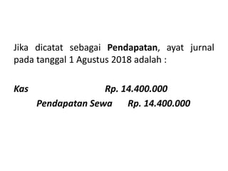 Jika dicatat sebagai Pendapatan, ayat jurnal
pada tanggal 1 Agustus 2018 adalah :
Kas Rp. 14.400.000
Pendapatan Sewa Rp. 14.400.000
 