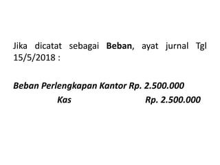 Jika dicatat sebagai Beban, ayat jurnal Tgl
15/5/2018 :
Beban Perlengkapan Kantor Rp. 2.500.000
Kas Rp. 2.500.000
 