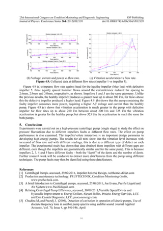(b) Voltage, current and power vs flow rate. (c) Vibration acceleration vs flow rate.
Figure 4.9. Collected data at different flow rates (impeller 1 vs impeller 5).
Figure 4.9 (a) compares flow rate against head for the healthy impeller (blue line) with defective
impeller 5: three equally spaced hammer blows around the circumference reduced the spacing to
2.6mm, 2.9mm and 3.0mm, respectively, as shown. Impellers 1 and 5 are the same geometry. Unlike
the previous results, the healthy impeller produces a greater head up to about 300 l/m, for flows above
this the defective impeller produced a higher head. Figure 4.9 (b) shows that the pump containing the
faulty impeller consumes more power, requiring a higher AC voltage and current than the healthy
pump. Figure 4.9 (c) shows that vibration acceleration is much greater in the pump with defective
impeller for flow rates up to about 280 l/m between about 300 l/m and 325 l/m the vibration
acceleration is greater for the healthy pump, but above 325 l/m the acceleration is much the same for
both pumps.
5. Conclusions
Experiments were carried out on a high-pressure centrifugal pump (single stage) to study the effect on
pressure fluctuations due to different impellers faults at different flow rates. The effect on pump
performance is also examined. The impeller/volute interaction is an important design parameter in
developing high-energy pumps. The results for all tests show that the vibration level increases with
increased of flow rate and with different readings, this is due to a different type of defect on each
impeller. The experimental study has shown that data obtained from impellers with different gaps are
different, even though the impellers are geometrically similar and for the same pump. This is because
impellers 2, 3, 4 and 5 have different faults – both the ―depth‖ of the dents and the number of dents.
Further research work will be conducted to extract more data/features from the pump using different
techniques. The pump faults may then be identified using these data/features.
References
[1] Centrifugal Pumps, accessed, 29/09/2011, Impeller Reverse Design, webhome.idirect.com
[2] Production maintenance technology, PRUFTECHNIK, Condition Monitoring Gmbh,
www.pruftechnik.com.
[3] A brief Introduction to Centrifugal pumps, accessed, 27/09/2011, Joe Evans, Pacific Liquid and
Air System.www.Pacificliquid.com
[4] Relating Centrifugal Pump Efficiency, accessed, 30/09/2011,Variable Speed Drives and
Hydraulic Improvement to Energy Dollars. Steven Bolles, Process Energy Services, LCC
and Don Casada Diagnostic, LCC. processenergy.com
[5] Chudina M, and Prezelj J, (2009), Detection of cavitation in operation of kinetic pumps, Use of
discrete frequency tone in audible pump spectra using audible sound. Journal Applied
Acoustic, Vol. 70, Issue 4, pp 540-546, April
50 100 150 200 250 300 350
390
400
410
ACVoltage(Volt)
Flow rate(l/m)
Relation between Volt & Q
50 100 150 200 250 300 350
8
10
12
Current(A)
Flow rate(l/m)
Relation between A & Q
50 100 150 200 250 300 350
3
4
5
Power(KW)
Flow rate(l/m)
Relation between Electric Power & Q
50 100 150 200 250 300 350
10
15
20
25
30
35
40
45
50
Acceleration(m/s2
)
Flow rate(l/m)
Relation between A & Q
25th International Congress on Condition Monitoring and Diagnostic Engineering IOP Publishing
Journal of Physics: Conference Series 364 (2012) 012139 doi:10.1088/1742-6596/364/1/012139
11
 