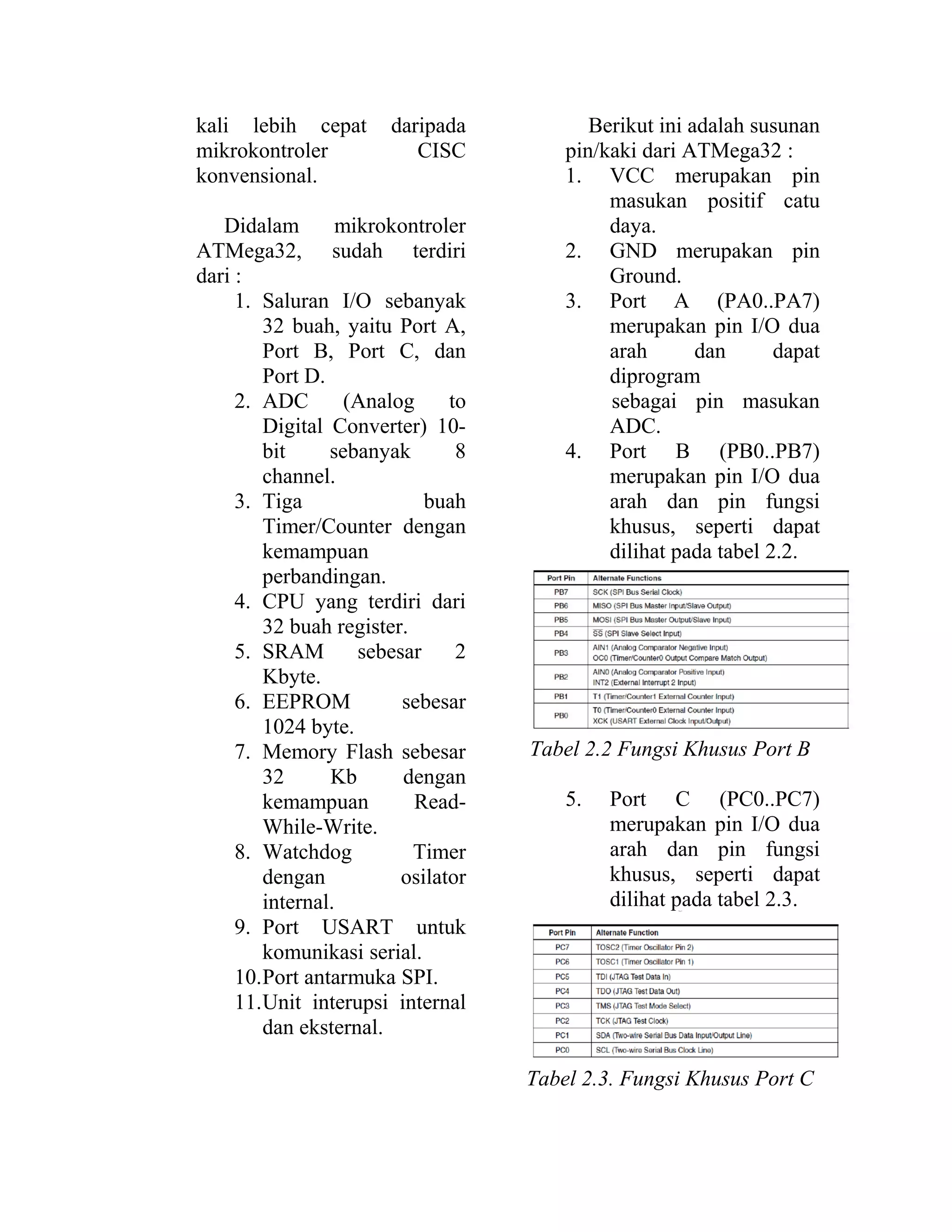 kali lebih cepat daripada
mikrokontroler CISC
konvensional.
Didalam mikrokontroler
ATMega32, sudah terdiri
dari :
1. Saluran I/O sebanyak
32 buah, yaitu Port A,
Port B, Port C, dan
Port D.
2. ADC (Analog to
Digital Converter) 10-
bit sebanyak 8
channel.
3. Tiga buah
Timer/Counter dengan
kemampuan
perbandingan.
4. CPU yang terdiri dari
32 buah register.
5. SRAM sebesar 2
Kbyte.
6. EEPROM sebesar
1024 byte.
7. Memory Flash sebesar
32 Kb dengan
kemampuan Read-
While-Write.
8. Watchdog Timer
dengan osilator
internal.
9. Port USART untuk
komunikasi serial.
10.Port antarmuka SPI.
11.Unit interupsi internal
dan eksternal.
Berikut ini adalah susunan
pin/kaki dari ATMega32 :
1. VCC merupakan pin
masukan positif catu
daya.
2. GND merupakan pin
Ground.
3. Port A (PA0..PA7)
merupakan pin I/O dua
arah dan dapat
diprogram
sebagai pin masukan
ADC.
4. Port B (PB0..PB7)
merupakan pin I/O dua
arah dan pin fungsi
khusus, seperti dapat
dilihat pada tabel 2.2.
Tabel 2.2 Fungsi Khusus Port B
5. Port C (PC0..PC7)
merupakan pin I/O dua
arah dan pin fungsi
khusus, seperti dapat
dilihat pada tabel 2.3.
Tabel 2.3. Fungsi Khusus Port C
 