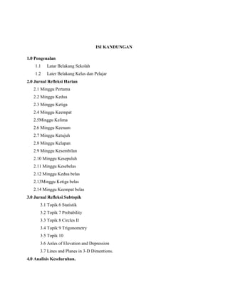 ISI KANDUNGAN

1.0 Pengenalan
    1.1   Latar Belakang Sekolah
    1.2   Later Belakang Kelas dan Pelajar
2.0 Jurnal Refleksi Harian
   2.1 Minggu Pertama
   2.2 Minggu Kedua
   2.3 Minggu Ketiga
   2.4 Minggu Keempat
   2.5Minggu Kelima
   2.6 Minggu Keenam
   2.7 Minggu Ketujuh
   2.8 Minggu Kelapan
   2.9 Minggu Kesembilan
   2.10 Minggu Kesepuluh
   2.11 Minggu Kesebelas
   2.12 Minggu Kedua belas
   2.13Minggu Ketiga belas
   2.14 Minggu Keempat belas
3.0 Jurnal Refleksi Subtopik
      3.1 Topik 6 Statistik
      3.2 Topik 7 Probability
      3.3 Topik 8 Circles II
      3.4 Topik 9 Trigonometry
      3.5 Topik 10
      3.6 Anles of Elevation and Depression
      3.7 Lines and Planes in 3-D Dimentions.
4.0 Analisis Keseluruhan.
 
