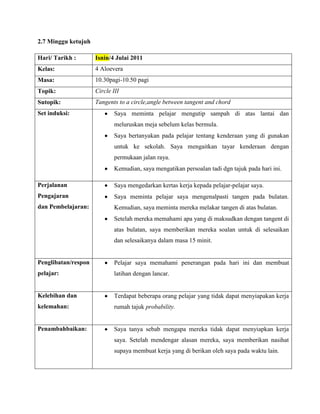 2.7 Minggu ketujuh

Hari/ Tarikh :       Isnin/4 Julai 2011
Kelas:               4 Aloevera
Masa:                10.30pagi-10.50 pagi
Topik:               Circle III
Sutopik:             Tangents to a circle,angle between tangent and chord
Set induksi:                 Saya meminta pelajar mengutip sampah di atas lantai dan
                             meluruskan meja sebelum kelas bermula.
                             Saya bertanyakan pada pelajar tentang kenderaan yang di gunakan
                             untuk ke sekolah. Saya mengaitkan tayar kenderaan dengan
                             permukaan jalan raya.
                             Kemudian, saya mengatikan persoalan tadi dgn tajuk pada hari ini.

Perjalanan                   Saya mengedarkan kertas kerja kepada pelajar-pelajar saya.
Pengajaran                   Saya meminta pelajar saya mengenalpasti tangen pada bulatan.
dan Pembelajaran:            Kemudian, saya meminta mereka melakar tangen di atas bulatan.
                             Setelah mereka memahami apa yang di maksudkan dengan tangent di
                             atas bulatan, saya memberikan mereka soalan untuk di selesaikan
                             dan selesaikanya dalam masa 15 minit.


Penglibatan/respon           Pelajar saya memahami penerangan pada hari ini dan membuat
pelajar:                     latihan dengan lancar.


Kelebihan dan                Terdapat beberapa orang pelajar yang tidak dapat menyiapakan kerja
kelemahan:                   rumah tajuk probability.


Penambahbaikan:              Saya tanya sebab mengapa mereka tidak dapat menyiapkan kerja
                             saya. Setelah mendengar alasan mereka, saya memberikan nasihat
                             supaya membuat kerja yang di berikan oleh saya pada waktu lain.
 