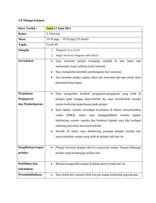 2.8 Minggu kelapan

Hari/ Tarikh :       Isnin/12 Julai 2011
Kelas:               4 Aloevera
Masa                 10.30 pagi – 10.50 pagi (55 minit)
Topik:               Circle III
Sutopik:                 1. Tangents to a circle
                         2. Angle between tangents and chord
Set induksi:                 Saya meminta pelajar mengutip sampah di atas lantai dan
                             meluruskan meja sebelum kelas bermula.
                             Saya mengimbas kembali pembelajaran hari semalam.
                             Saa meminta pelajar supaya diam dan mencatat tips-tips untuk ujian
                             penilaian bulan lapan.


Perjalanan                   Saya mengimbas kembali pengajaran-pengajaran yang telah di
Pengajaran                   pelajari pada minggu lepas.Setelah itu, saya memberikan mereka
dan Pembelajaran:            soalan berformat peperiksaan pada pelajar.
                             Saya dapati, mereka mendapat kesukaran di dalam menyelesaikan
                             soalan KBKK, maka,           saya menggalakkkan    mereka supaya
                             berbincang sesame mereka dan bertanya kepada saya jika terdapat
                             sebarang persoalan atau kemusykilan.
                             Setelah 20 minit, saya berbincang jawapan dengan mereka dan
                             menyimpulkan semua yang telah di pelajari ada hari ini.


Penglibatan/respon           Pelajar berminat dengan aktiviti menjawab soalan. Namun beberapa
pelajar:                     pelajar yang menganggu pelajar lain.


Kelebihan dan                Mereka mengambil tempat di dalam aktiviti pada hari ini.
kelemahan:
Penambahbaikan:              Saya boleh beri mereka lebih banyak soalan berbentuk peperiksaan.
 