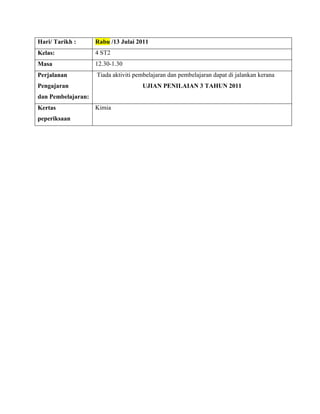 Hari/ Tarikh :      Rabu /13 Julai 2011
Kelas:              4 ST2
Masa                12.30-1.30
Perjalanan          Tiada aktiviti pembelajaran dan pembelajaran dapat di jalankan kerana
Pengajaran                           UJIAN PENILAIAN 3 TAHUN 2011
dan Pembelajaran:
Kertas              Kimia
peperiksaan
 