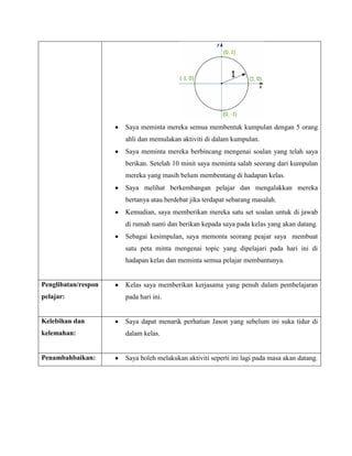 Saya meminta mereka semua membentuk kumpulan dengan 5 orang
                     ahli dan memulakan aktiviti di dalam kumpulan.
                     Saya meminta mereka berbincang mengenai soalan yang telah saya
                     berikan. Setelah 10 minit saya meminta salah seorang dari kumpulan
                     mereka yang masih belum membentang di hadapan kelas.
                     Saya melihat berkembangan pelajar dan mengalakkan mereka
                     bertanya atau berdebat jika terdapat sebarang masalah.
                     Kemudian, saya memberikan mereka satu set soalan untuk di jawab
                     di rumah nanti dan berikan kepada saya pada kelas yang akan datang.
                     Sebagai kesimpulan, saya memonta seorang peajar saya membuat
                     satu peta minta mengenai topic yang dipelajari pada hari ini di
                     hadapan kelas dan meminta semua pelajar membantunya.


Penglibatan/respon   Kelas saya memberikan kerjasama yang penuh dalam pembelajaran
pelajar:             pada hari ini.


Kelebihan dan        Saya dapat menarik perhatian Jason yang sebelum ini suka tidur di
kelemahan:           dalam kelas.


Penambahbaikan:      Saya boleh melakukan aktiviti seperti ini lagi pada masa akan datang.
 