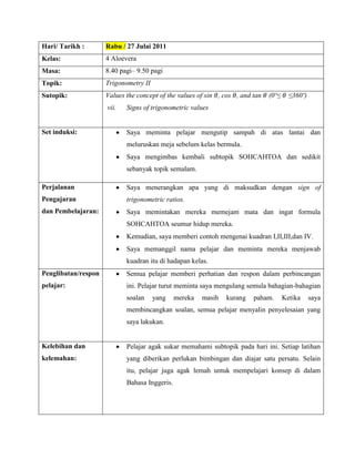 Hari/ Tarikh :       Rabu / 27 Julai 2011
Kelas:               4 Aloevera
Masa:                8.40 pagi– 9.50 pagi
Topik:               Trigonometry II
Sutopik:             Values the concept of the values of sin , cos , and tan   (0º≤     ≤360º)
                     vii.   Signs of trigonometric values


Set induksi:                Saya meminta pelajar mengutip sampah di atas lantai dan
                            meluruskan meja sebelum kelas bermula.
                            Saya mengimbas kembali subtopik SOHCAHTOA dan sedikit
                            sebanyak topik semalam.

Perjalanan                  Saya menerangkan apa yang di maksudkan dengan sign of
Pengajaran                  trigonometric ratios.
dan Pembelajaran:           Saya memintakan mereka memejam mata dan ingat formula
                            SOHCAHTOA seumur hidup mereka.
                            Kemudian, saya memberi contoh mengenai kuadran I,II,III,dan IV.
                            Saya memanggil nama pelajar dan meminta mereka menjawab
                            kuadran itu di hadapan kelas.
Penglibatan/respon          Semua pelajar memberi perhatian dan respon dalam perbincangan
pelajar:                    ini. Pelajar turut meminta saya mengulang semula bahagian-bahagian
                            soalan     yang    mereka   masih   kurang   paham.       Ketika     saya
                            membincangkan soalan, semua pelajar menyalin penyelesaian yang
                            saya lakukan.


Kelebihan dan               Pelajar agak sukar memahami subtopik pada hari ini. Setiap latihan
kelemahan:                  yang diberikan perlukan bimbingan dan diajar satu persatu. Selain
                            itu, pelajar juga agak lemah untuk mempelajari konsep di dalam
                            Bahasa Inggeris.
 