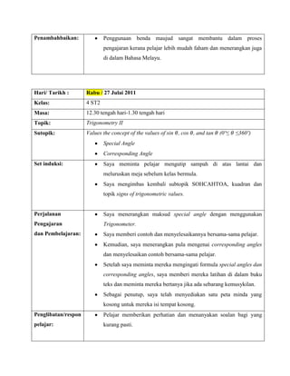 Penambahbaikan:              Penggunaan benda maujud sangat membantu dalam proses
                             pengajaran kerana pelajar lebih mudah faham dan menerangkan juga
                             di dalam Bahasa Melayu.




Hari/ Tarikh :       Rabu / 27 Julai 2011
Kelas:               4 ST2
Masa:                12.30 tengah hari-1.30 tengah hari
Topik:               Trigonometry II
Sutopik:             Values the concept of the values of sin , cos , and tan   (0º≤   ≤360º)
                             Special Angle
                             Corresponding Angle
Set induksi:                 Saya meminta pelajar mengutip sampah di atas lantai dan
                             meluruskan meja sebelum kelas bermula.
                             Saya mengimbas kembali subtopik SOHCAHTOA, kuadran dan
                             topik signs of trigonometric values.


Perjalanan                   Saya menerangkan maksud special angle dengan menggunakan
Pengajaran                   Trigonometer.
dan Pembelajaran:            Saya memberi contoh dan menyelesaikannya bersama-sama pelajar.
                             Kemudian, saya menerangkan pula mengenai corresponding angles
                             dan menyelesaikan contoh bersama-sama pelajar.
                             Setelah saya meminta mereka mengingati formula special angles dan
                             corresponding angles, saya memberi mereka latihan di dalam buku
                             teks dan meminta mereka bertanya jika ada sebarang kemusykilan.
                             Sebagai penutup, saya telah menyediakan satu peta minda yang
                             kosong untuk mereka isi tempat kosong.
Penglibatan/respon           Pelajar memberikan perhatian dan menanyakan soalan bagi yang
pelajar:                     kurang pasti.
 