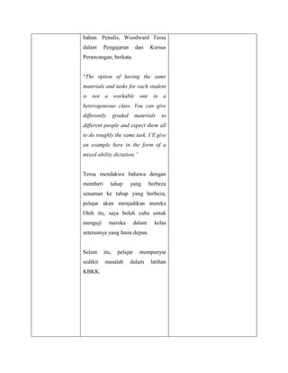 bahan. Penulis, Woodward Tessa
dalam     Pengajaran        dan     Kursus
Perancangan, berkata


“The option of having the same
materials and tasks for each student
is not a workable one in a
heterogeneous class. You can give
differently      graded     materials    to
different people and expect them all
to do roughly the same task. I’ll give
an example here in the form of a
mixed ability dictation.”


Tessa mendakwa bahawa dengan
memberi       tahap       yang      berbeza
senaman ke tahap yang berbeza,
pelajar akan menjadikan mereka
Oleh itu, saya boleh cuba untuk
menguji       mereka        dalam     kelas
seterusnya yang Isnin depan.


Selain    itu,    pelajar     mempunyai
sedikit   masalah         dalam     latihan
KBKK.
 