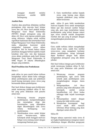 mengajar     diambil        melalui               3. Guru memberikan arahan kepada
        kuesioner     setelah        KBM                     siswa yang kurang puas dalam
        berlangsung.                                         kegiatan praktikum yang terlihat
                                                             dalam kousioner.
Analisis Data
                                                     pada siklus II guru lebih memberikan
Analisis data penelitian dilakukan melihat           motivasi kepada siswa untuk mempelajari
peningkatan nilai rata-rata hasil belajar            bahan ajar dan mencari sumber belajar
siswa dan Job Sheet hasil praktik belajar            yang ada, guru juga menjelaskan tujuan
Menguasai Teori Dasar Elektronika                    pembelajaran yang terkait dengan materi
(MTDE) dengan penugasan yang ada                     agar siswa tertarik setelah mengetahui
dalan Job Sheet serta laporan praktik pada           manfaat dari apa yang di pelajari dengan
setiap siklusnya. Adapun untuk melihat               mengembangkan penalarannya.
signifikan kepuasaan dan ketertarikan hasil
belajar Menguasai Teori Dasar Elektronika            Siklus II :
maka,     digunakan     kuesioner     untuk
mengetahui kepuasan siswa dalam                      Guru sudah terbiasa dalam mengahadapi
praktikum. Hal ini berarti bahwa dalam               situasi dalam kelas, sudah bisa melihat
penelitian dianggap berhasil apabila terjadi         siswa-siswa yang mengalami kesliatan
kenaikan nilai rata- rata dan kepuasan               dalam pembelajaran, setiap kelompok
siswa dalam praktikum pada hasil belajar             dapat berdikusi dengan baik dalam
Menguasai Teori Dasar Elektronika di                 mengerjakan penugasan yang ada dalam
SMK Negeri 39 Jakarta dibandingkan                   jobshet.
dengan yang terdahulu.
                                                     Dari hasil diskusi dengan guru kolaborator
Hasil Penelitian dan Pembahasan                      untuk merancang tindakan siklus II, hal-
                                                     hal yang perlu dilakukan oleh peneliti
Siklus I :                                           antara lain:
pada siklus ini guru masih belum terbiasa                 1. Merancang      rencana      program
menghadapi situasi dalam kelas sehingga                      pembelajaran, agar siswa lebih
dalam pembelajaran pada saat praktikum                       tertarik pada pembelajaran yaitu
masih kurang merespon siswa- siswa yang                      menghubungkan dengan dunia
bermasalah dalam pembelajaran.                               kerja.
                                                          2. Mengumpulkam           Job      Sheet
Dari hasil diskusi dengan guru kolaborator                   pertama yang telah dikerjakan oleh
untuk merancang tindakan siklus II, hal-                     kelompok,        setelah      selesai
hal yang perlu dilakukan oleh peneliti                       barudiberikan Job Sheet kedua
antara lain:                                                 sehingga tidak terjadi kecurangan
                                                             lagi.
    1. Merancang       rencana    program
                                                          3. Menyampaikan materi dengan
       pembelajaran, mempertimbangkan
                                                             tenang dan tidak terlalu cepat.
       dan menetapkan sikap dan
                                                          4. Memperluas kesempatan            bagi
       keterampilan yang diharapkan
                                                             siswa     untuk     aktif   mencari
       dapat dikembangkan oleh siswa
                                                             informasi diluar tentang yang akan
       selama        berlangsung       nya
                                                             dipelajari untuk siklus III
       pembelajaran.
    2. Membiasakan siswa untuk belajar               Siklus III
       secara     bersama-sama       dalam
       kelompok untuk menggali motivasi              Dengan adanya aspresiasi maka siswa di
       belajar siswa tentang materi dengan           uji tingkat kepahamannya mengenai materi
       mengurangi bantuan guru.                      sebelumnya dengan diberikan pengayaan

  6                                Pevote, Vol. 5, No. 9, September 2010 : 1-8
 