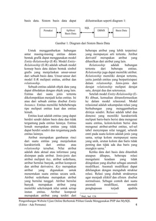 basis data. Sistem basis data dapat                     diilustrasikan seperti diagram 1:

                                                           SQL
                    Pemakai             Aplikasi                           DBMS      Basis Data
                                       Basis Data


                              Gambar 1. Diagram dari Sistem Basis Data

       Untuk menggambarkan hubungan                         beberapa atribut yang lebih terperinci
    antar masing-masing entitas dalam                       yang mempunyai arti tertentu. Atribut
    bentuk grafik dapat menggunakan model                   derivatif merupakan atribut yang
    Entity-Relationship (E-R). Model Entity-                dihasilkan dari atribut yang lain.
    Relationship (E-R) adalah sebuah model                     Relationship      adalah      hubungan
    konsep basis data dalam bentuk simbol                   tertentu     dari    beberapa       entitas.
    grafis yang menjelaskan unsur-unsur                     Relationship juga dapat memiliki atribut.
    dari sebuah basis data. Unsur-unsur dari                Relationship memiliki derajat tertentu,
    model E-R meliputi entitas, atribut dan                 yaitu jumlah entitas yang berpartisispasi
    relationship.                                           dalam relationship. Jenis-jenis dari
       Sebuah entitas adalah objek data yang                derajat relationship meliputi derajat
    dapat dibedakan dengan objek yang lain.                 satu, derajat dua dan seterusnya.
    Entitas dari suatu jenis tertentu                          Setelah model Entity-Relationship (E-
    dikelompokkan menjadi kelas entitas. Isi                R) dibuat, kemudian ditransformasikan
    atau dari sebuah entitas disebut Entity                 ke dalam model relasional. Model
    Instance. Entitas memiliki bebebeberapa                 relasional adalah sekumpulan relasi yang
    tipe meliputi entitas kuat dan entitas                  berhubungan yang menggambarkan
    lemah.                                                  dirinya sendiri. Relasi adalah tabel dua
       Entitas kuat adalah entitas yang dapat               dimensi yang memiliki karakteristik
    berdiri sendri dalam basis data dan tidak               meliputi baris-baris berisi data mengenai
    tergantung pada entitas lainnya. Entitas                suatu entitas, kolom-kolom berisi data
    lemah merupakan entitas yang tidak                      mengenai atribut-atribut entitas, sel-sel
    dapat berdiri sendiri dan tergantung pada               tabel menyimpan nilai tunggal, seluruh
    entitas lainnya.                                        entri pada suatu kolom adalah jenis yang
       Atribut merupakan gambaran rinci                     sama, setiap kolom mempunyai nama
    dari suatu entitas yang menjelaskan                     yang unik, urutan kolom dan baris tidak
    karakteristik       dari     entitas     atau           penting dan tidak ada dua baris yang
    relationship tersebut. Nilai atribut                    mungkin sama.5
    adalah data aktual atau informasi yang                     Ketika data dari basis data ditambah
    disimpan pada atribut. Jenis-jenis dari                 ataupun dihapus, beberapa relasi
    atribut meliputi key, atribut sederhana,                mengalami       keadaan      yang     tidak
    atribut bernilai banyak, atribut komposit               diinginkan yang disebut sebagai anomali
    dan atribut derivative. Key merupakan                   modifikasi. Anomali modifikasi dapat
    atribut     yang       digunakan       untuk            dihilangkan dengan mengubah struktur
    menentukan suatu entitas secara unik.                   relasi. Relasi yang diubah strukturnya
    Atribut sederhana merupakan atribut                     agar menjadi efektif dan efisien disebut
    yang bernilai tunggal. Atribut bernilai                 normalisasi. Sebagai contoh dari suatu
    banyak      merupakan        atribut    yang            anomali         modifikasi,        anomali
    memiliki sekelompok nilai untuk setiap                  penghapusan          terjadi        apabila
    instan     entitas.     Atribut     komposit
    merupakan atribut yang terdiri dari             5
                                                        Ibid., hal. 124.
Pengembangan Website Ujian Online Berbentuk Pilihan Ganda Menggunakan PHP dan MySQL
(Editor : Ade Permana)                                                                                4
 