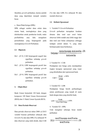 3
likuiditas growth perbankan, karena jumlah
dana yang diperlukan menjadi semakin
besar.
c. Dana Pihak Ketiga (DPK)
DPK sebagai sumber dana selain dana
utama bank, meningkatnya dana yang
dialokasikan untuk pemberian kredit, maka
profitabilitas atau laba mengalami
pertumbuhan yang berpengaruh pada
meningkatnya Growth Perbankan.
2.1 Hipotesis
Ho1 : β1>0, CAR berpengaruh negatif dan
signifikan terhadap growth
perbankan.
Ho2 : β2>0, LDR berpengaruh positif dan
signifikan terhadap growth
perbankan.
Ho3 : β3>0, DPK berpengaruh positif dan
signifikan terhadap growth
perbankan.
3. Objek Riset
Bank Umum berjumlah 120 bank, dengan
komposisi 109 Bank Umum Konvensional
(BUK) dan 11 Bank Umum Syariah (BUS).
3.1 Data Periode Observasi
Data periode observasi tahun 2008 s.d 2015
variabel besaran perbankan sebanyak data
Growth (%) dan data DPK (%) sebanyak 95
data observasi yang telah diolah, data CAR
(%) dan data LDR (%) sebanyak 96 data
mentah observasi.
3.2 Definisi Oprasional
1. Variabel Y Growth Perbankan
Growth perbankan merupakan keadaan
dimana data total aset awal bulan
observasi lebih rendah atau lebih tinggi dari
data total aset bulan selanjutnya sehingga
terdapat selisih dalam % yang akan
berlanjut pada masa berikutnya.
2. Variabel X1 - CAR
Pendapatan non bunga yaitu mendapatkan
tingkat kerugian operasional yang wajar
yang ditimbulkan dari operasional bank.
3. Variabel X2 - LDR
Pendapatan bunga bersih perbandingan
antara pembiayaan yang terjadi di suatu
bank dengan dana yang dimiliki bank.
4. Variabel X3 - DPK
Utuk mengukur seberapa besar modal
perbankan
 