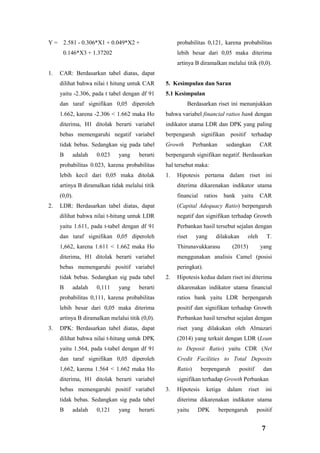 7
Y = 2.581 - 0.306*X1 + 0.049*X2 +
0.146*X3 + 1.37202
1. CAR: Berdasarkan tabel diatas, dapat
dilihat bahwa nilai t hitung untuk CAR
yaitu -2.306, pada t tabel dengan df 91
dan taraf signifikan 0,05 diperoleh
1.662, karena -2.306 < 1.662 maka Ho
diterima, H1 ditolak berarti variabel
bebas memengaruhi negatif variabel
tidak bebas. Sedangkan sig pada tabel
B adalah 0.023 yang berarti
probabilitas 0.023, karena probabilitas
lebih kecil dari 0,05 maka ditolak
artinya B diramalkan tidak melalui titik
(0,0).
2. LDR: Berdasarkan tabel diatas, dapat
dilihat bahwa nilai t-hitung untuk LDR
yaitu 1.611, pada t-tabel dengan df 91
dan taraf signifikan 0,05 diperoleh
1,662, karena 1.611 < 1.662 maka Ho
diterima, H1 ditolak berarti variabel
bebas memengaruhi positif variabel
tidak bebas. Sedangkan sig pada tabel
B adalah 0,111 yang berarti
probabilitas 0,111, karena probabilitas
lebih besar dari 0,05 maka diterima
artinya B diramalkan melalui titik (0,0).
3. DPK: Berdasarkan tabel diatas, dapat
dilihat bahwa nilai t-hitung untuk DPK
yaitu 1.564, pada t-tabel dengan df 91
dan taraf signifikan 0,05 diperoleh
1,662, karena 1.564 < 1.662 maka Ho
diterima, H1 ditolak berarti variabel
bebas memengaruhi positif variabel
tidak bebas. Sedangkan sig pada tabel
B adalah 0,121 yang berarti
probabilitas 0,121, karena probabilitas
lebih besar dari 0,05 maka diterima
artinya B diramalkan melalui titik (0,0).
5. Kesimpulan dan Saran
5.1 Kesimpulan
Berdasarkan riset ini menunjukkan
bahwa variabel financial ratios bank dengan
indikator utama LDR dan DPK yang paling
berpengaruh signifikan positif terhadap
Growth Perbankan sedangkan CAR
berpengaruh signifikan negatif. Berdasarkan
hal tersebut maka:
1. Hipotesis pertama dalam riset ini
diterima dikarenakan indikator utama
financial ratios bank yaitu CAR
(Capital Adequacy Ratio) berpengaruh
negatif dan signifikan terhadap Growth
Perbankan hasil tersebut sejalan dengan
riset yang dilakukan oleh T.
Thirunavukkarasu (2015) yang
menggunakan analisis Camel (posisi
peringkat).
2. Hipotesis kedua dalam riset ini diterima
dikarenakan indikator utama financial
ratios bank yaitu LDR berpengaruh
positif dan signifikan terhadap Growth
Perbankan hasil tersebut sejalan dengan
riset yang dilakukan oleh Almazari
(2014) yang terkait dengan LDR (Loan
to Deposit Ratio) yaitu CDR (Net
Credit Facilities to Total Deposits
Ratio) berpengaruh positif dan
signifikan terhadap Growth Perbankan
3. Hipotesis ketiga dalam riset ini
diterima dikarenakan indikator utama
yaitu DPK berpengaruh positif
 