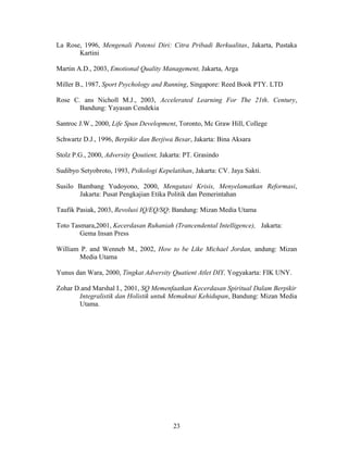 La Rose, 1996, Mengenali Potensi Diri: Citra Pribadi Berkualitas, Jakarta, Pustaka
Kartini
Martin A.D., 2003, Emotional Quality Management, Jakarta, Arga
Miller B., 1987, Sport Psychology and Running, Singapore: Reed Book PTY. LTD
Rose C. ans Nicholl M.J., 2003, Accelerated Learning For The 21th. Century,
Bandung: Yayasan Cendekia
Santroc J.W., 2000, Life Span Development, Toronto, Mc Graw Hill, College
Schwartz D.J., 1996, Berpikir dan Berjiwa Besar, Jakarta: Bina Aksara
Stolz P.G., 2000, Adversity Qoutient, Jakarta: PT. Grasindo
Sudibyo Setyobroto, 1993, Psikologi Kepelatihan, Jakarta: CV. Jaya Sakti.
Susilo Bambang Yudoyono, 2000, Mengatasi Krisis, Menyelamatkan Reformasi,
Jakarta: Pusat Pengkajian Etika Politik dan Pemerintahan
Taufik Pasiak, 2003, Revolusi IQ/EQ/SQ: Bandung: Mizan Media Utama
Toto Tasmara,2001, Kecerdasan Ruhaniah (Trancendental Intelligence), Jakarta:
Gema Insan Press
William P. and Wenneb M., 2002, How to be Like Michael Jordan, andung: Mizan
Media Utama
Yunus dan Wara, 2000, Tingkat Adversity Quatient Atlet DIY, Yogyakarta: FIK UNY.
Zohar D.and Marshal I., 2001, SQ Memenfaatkan Kecerdasan Spiritual Dalam Berpikir
Integralistik dan Holistik untuk Memaknai Kehidupan, Bandung: Mizan Media
Utama.

23

 