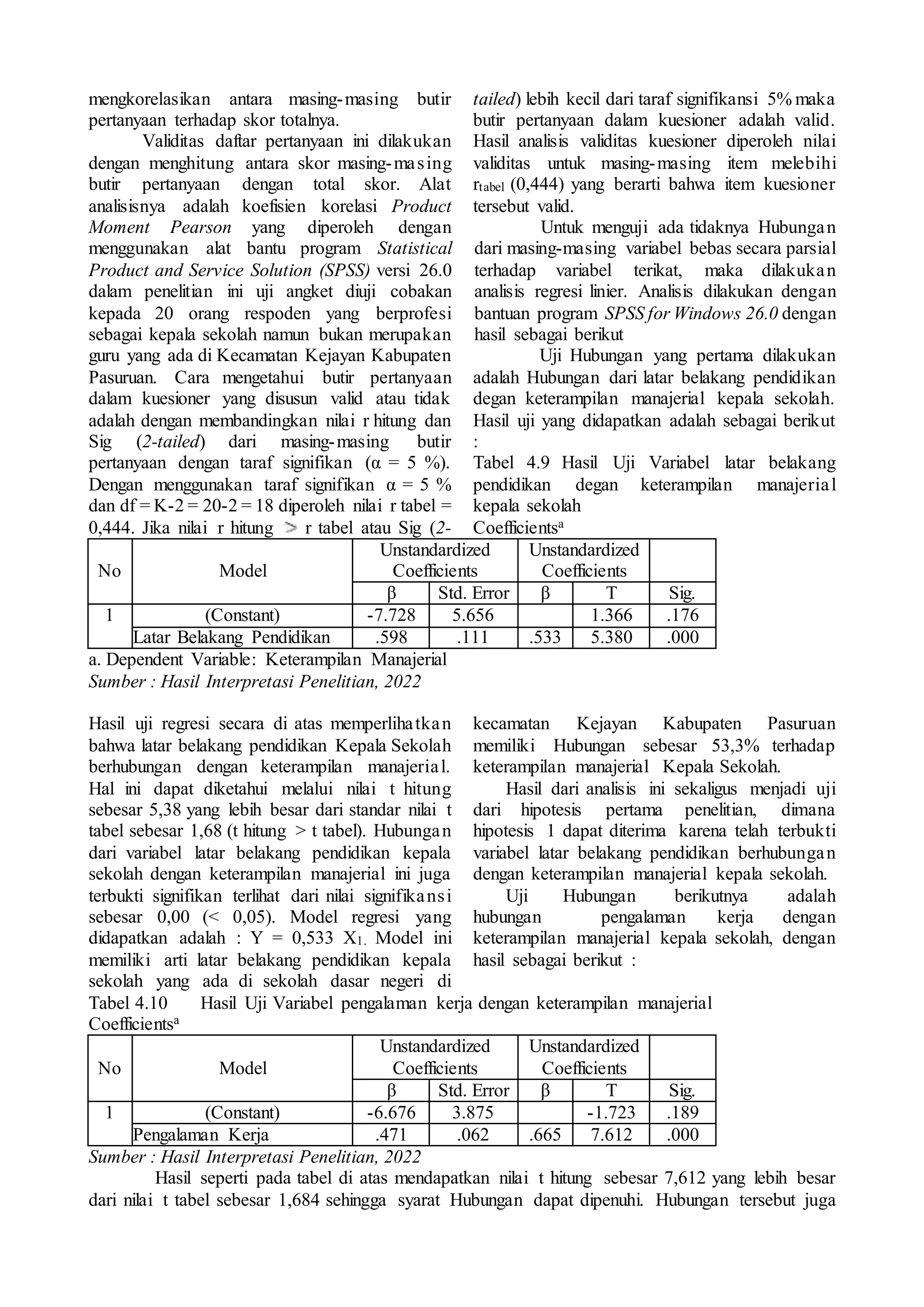 mengkorelasikan antara masing-masing butir
pertanyaan terhadap skor totalnya.
Validitas daftar pertanyaan ini dilakukan
dengan menghitung antara skor masing-masing
butir pertanyaan dengan total skor. Alat
analisisnya adalah koefisien korelasi Product
Moment Pearson yang diperoleh dengan
menggunakan alat bantu program Statistical
Product and Service Solution (SPSS) versi 26.0
dalam penelitian ini uji angket diuji cobakan
kepada 20 orang respoden yang berprofesi
sebagai kepala sekolah namun bukan merupakan
guru yang ada di Kecamatan Kejayan Kabupaten
Pasuruan. Cara mengetahui butir pertanyaan
dalam kuesioner yang disusun valid atau tidak
adalah dengan membandingkan nilai r hitung dan
Sig (2-tailed) dari masing-masing butir
pertanyaan dengan taraf signifikan (α = 5 %).
Dengan menggunakan taraf signifikan α = 5 %
dan df = K-2 = 20-2 = 18 diperoleh nilai r tabel =
0,444. Jika nilai r hitung r tabel atau Sig (2-
tailed) lebih kecil dari taraf signifikansi 5% maka
butir pertanyaan dalam kuesioner adalah valid.
Hasil analisis validitas kuesioner diperoleh nilai
validitas untuk masing-masing item melebihi
rtabel (0,444) yang berarti bahwa item kuesioner
tersebut valid.
Untuk menguji ada tidaknya Hubungan
dari masing-masing variabel bebas secara parsial
terhadap variabel terikat, maka dilakukan
analisis regresi linier. Analisis dilakukan dengan
bantuan program SPSS for Windows 26.0 dengan
hasil sebagai berikut
Uji Hubungan yang pertama dilakukan
adalah Hubungan dari latar belakang pendidikan
degan keterampilan manajerial kepala sekolah.
Hasil uji yang didapatkan adalah sebagai berikut
:
Tabel 4.9 Hasil Uji Variabel latar belakang
pendidikan degan keterampilan manajerial
kepala sekolah
Coefficientsa
No Model
Unstandardized
Coefficients
Unstandardized
Coefficients
β Std. Error β T Sig.
1 (Constant) -7.728 5.656 1.366 .176
Latar Belakang Pendidikan .598 .111 .533 5.380 .000
a. Dependent Variable: Keterampilan Manajerial
Sumber : Hasil Interpretasi Penelitian, 2022
Hasil uji regresi secara di atas memperlihatkan
bahwa latar belakang pendidikan Kepala Sekolah
berhubungan dengan keterampilan manajerial.
Hal ini dapat diketahui melalui nilai t hitung
sebesar 5,38 yang lebih besar dari standar nilai t
tabel sebesar 1,68 (t hitung > t tabel). Hubungan
dari variabel latar belakang pendidikan kepala
sekolah dengan keterampilan manajerial ini juga
terbukti signifikan terlihat dari nilai signifikansi
sebesar 0,00 (< 0,05). Model regresi yang
didapatkan adalah : Y = 0,533 X1. Model ini
memiliki arti latar belakang pendidikan kepala
sekolah yang ada di sekolah dasar negeri di
kecamatan Kejayan Kabupaten Pasuruan
memiliki Hubungan sebesar 53,3% terhadap
keterampilan manajerial Kepala Sekolah.
Hasil dari analisis ini sekaligus menjadi uji
dari hipotesis pertama penelitian, dimana
hipotesis 1 dapat diterima karena telah terbukti
variabel latar belakang pendidikan berhubungan
dengan keterampilan manajerial kepala sekolah.
Uji Hubungan berikutnya adalah
hubungan pengalaman kerja dengan
keterampilan manajerial kepala sekolah, dengan
hasil sebagai berikut :
Tabel 4.10 Hasil Uji Variabel pengalaman kerja dengan keterampilan manajerial
Coefficientsa
No Model
Unstandardized
Coefficients
Unstandardized
Coefficients
β Std. Error β T Sig.
1 (Constant) -6.676 3.875 -1.723 .189
Pengalaman Kerja .471 .062 .665 7.612 .000
Sumber : Hasil Interpretasi Penelitian, 2022
Hasil seperti pada tabel di atas mendapatkan nilai t hitung sebesar 7,612 yang lebih besar
dari nilai t tabel sebesar 1,684 sehingga syarat Hubungan dapat dipenuhi. Hubungan tersebut juga
 