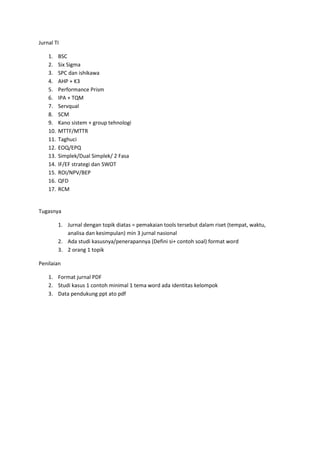 Jurnal TI

    1.    BSC
    2.    Six Sigma
    3.    SPC dan ishikawa
    4.    AHP + K3
    5.    Performance Prism
    6.    IPA + TQM
    7.    Servqual
    8.    SCM
    9.    Kano sistem + group tehnologi
    10.   MTTF/MTTR
    11.   Taghuci
    12.   EOQ/EPQ
    13.   Simplek/Dual Simplek/ 2 Fasa
    14.   IF/EF strategi dan SWOT
    15.   ROI/NPV/BEP
    16.   QFD
    17.   RCM


Tugasnya

          1. Jurnal dengan topik diatas = pemakaian tools tersebut dalam riset (tempat, waktu,
             analisa dan kesimpulan) min 3 jurnal nasional
          2. Ada studi kasusnya/penerapannya (Defini si+ contoh soal) format word
          3. 2 orang 1 topik

Penilaian

    1. Format jurnal PDF
    2. Studi kasus 1 contoh minimal 1 tema word ada identitas kelompok
    3. Data pendukung ppt ato pdf
 