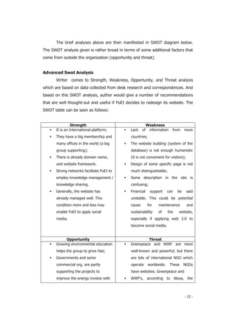 - 12 -
The brief analyses above are then manifested in SWOT diagram below.
The SWOT analysis given is rather broad in terms of some additional factors that
come from outside the organization (opportunity and threat).
Advanced Swot Analysis
Writer comes to Strength, Weakness, Opportunity, and Threat analysis
which are based on data collected from desk research and correspondences. And
based on this SWOT analysis, author would give a number of recommendations
that are well thought-out and useful if FoEI decides to redesign its website. The
SWOT table can be seen as follows:
Strength Weakness
 It is an International platform;
 They have a big membership and
many offices in the world (a big
group supporting);
 There is already domain name,
and website framework.
 Strong networks facilitate FoEI to
employ knowledge management /
knowledge sharing.
 Generally, the website has
already managed well. This
condition more and less may
enable FoEI to apply social
media.
 Lack of information from more
countries;
 The website building (system of the
database) is not enough humanistic
(it is not convenient for visitors);
 Design of some specific page is not
much distinguishable;
 Some description in the site is
confusing;
 Financial support can be said
unstable. This could be potential
cause for maintenance and
sustainability of the website,
especially if applying web 2.0 to
become social media.
Opportunity Threat
 Growing environmental education
helps the group to grow fast;
 Governments and some
commercial org. are partly
supporting the projects to
improve the energy involve with
 Greenpeace and WWF are more
well-known and powerful; but there
are lots of international NGO which
operate worldwide. These NGOs
have websites. Greenpeace and
 WWF’s, according to Alexa, the
 