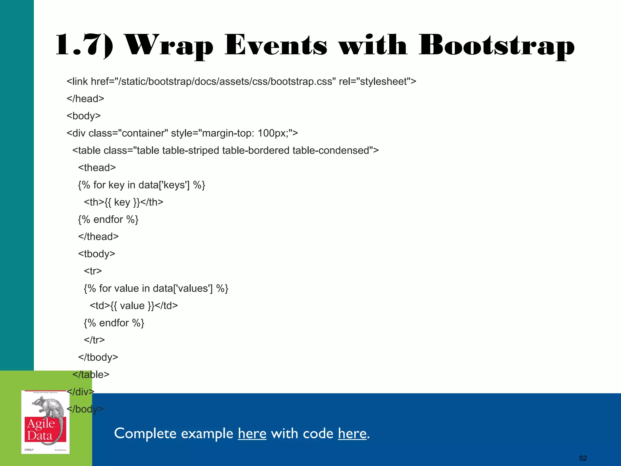 1.7) Wrap Events with Bootstrap <link href="/static/bootstrap/docs/assets/css/bootstrap.css" rel="stylesheet"> </head> <body> <div class="container" style="margin-top: 100px;"> <table class="table table-striped table-bordered table-condensed"> <thead> {% for key in data['keys'] %} <th>{{ key }}</th> {% endfor %} </thead> <tbody> <tr> {% for value in data['values'] %} <td>{{ value }}</td> {% endfor %} </tr> </tbody> </table> </div> </body> Complete example here with code here. 52 