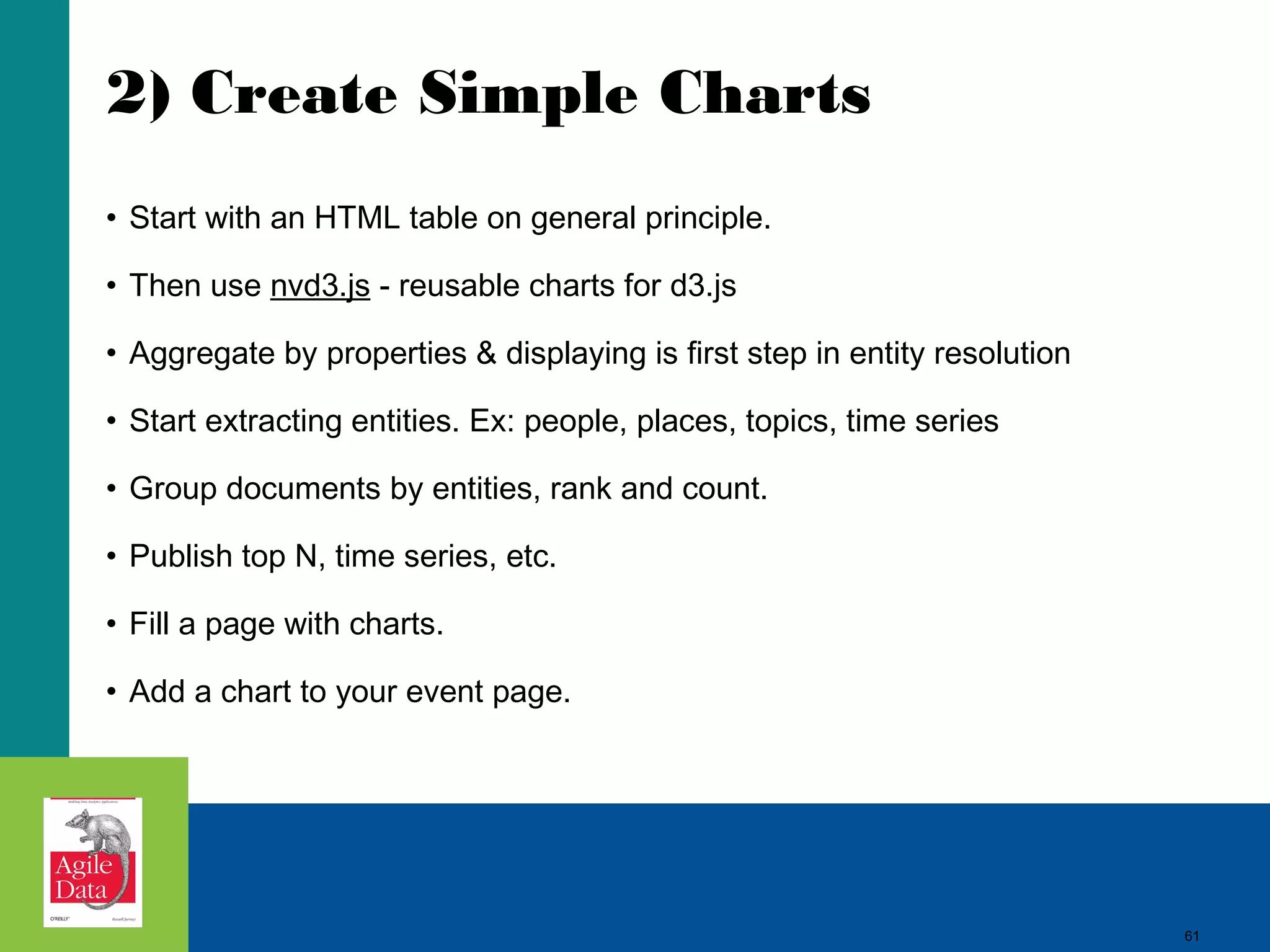 2) Create Simple Charts • Start with an HTML table on general principle. • Then use nvd3.js - reusable charts for d3.js • Aggregate by properties & displaying is first step in entity resolution • Start extracting entities. Ex: people, places, topics, time series • Group documents by entities, rank and count. • Publish top N, time series, etc. • Fill a page with charts. • Add a chart to your event page. 61 