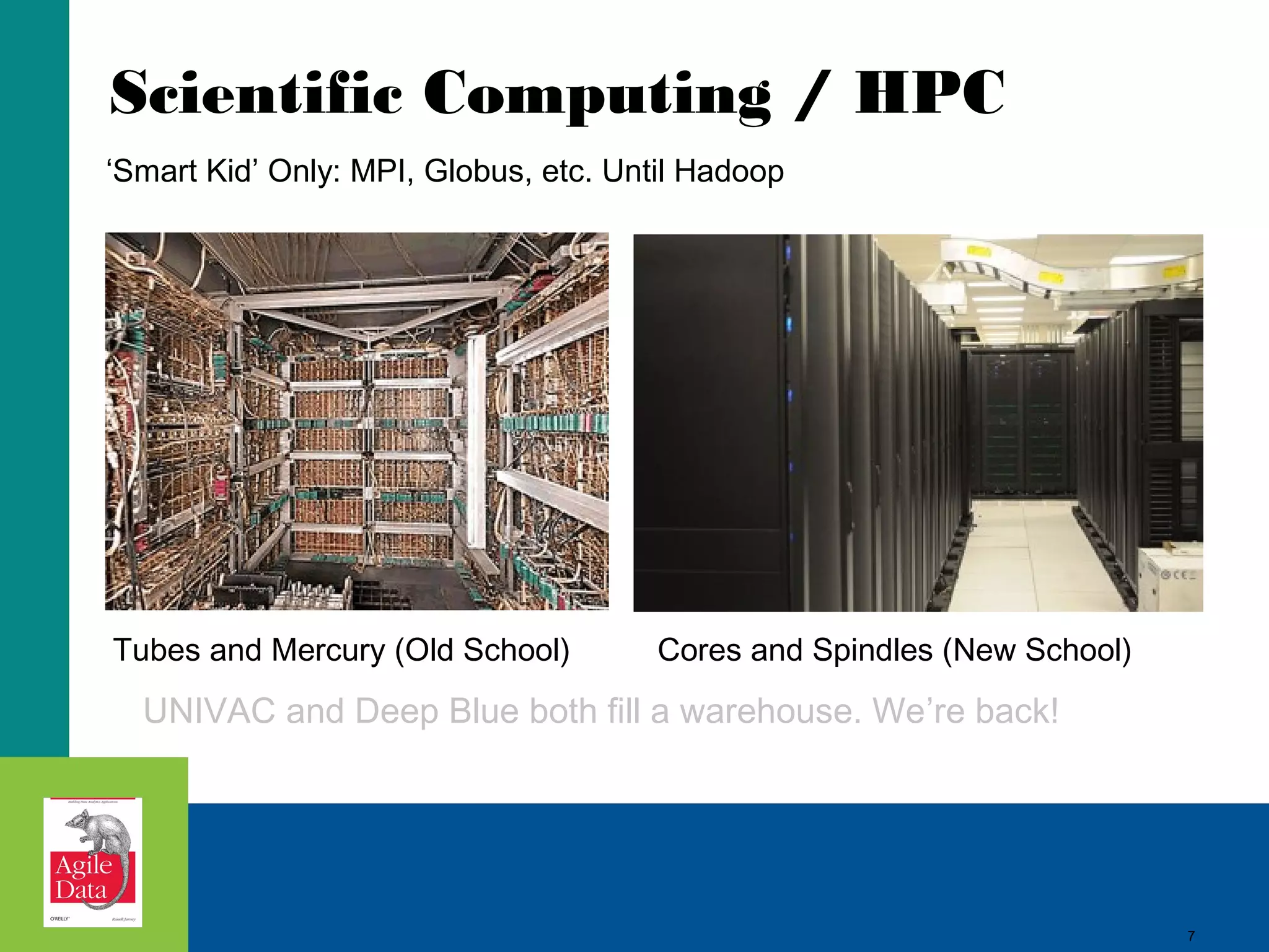 Scientific Computing / HPC ‘Smart Kid’ Only: MPI, Globus, etc. Until Hadoop Tubes and Mercury (Old School) Cores and Spindles (New School) UNIVAC and Deep Blue both fill a warehouse. We’re back! 7 