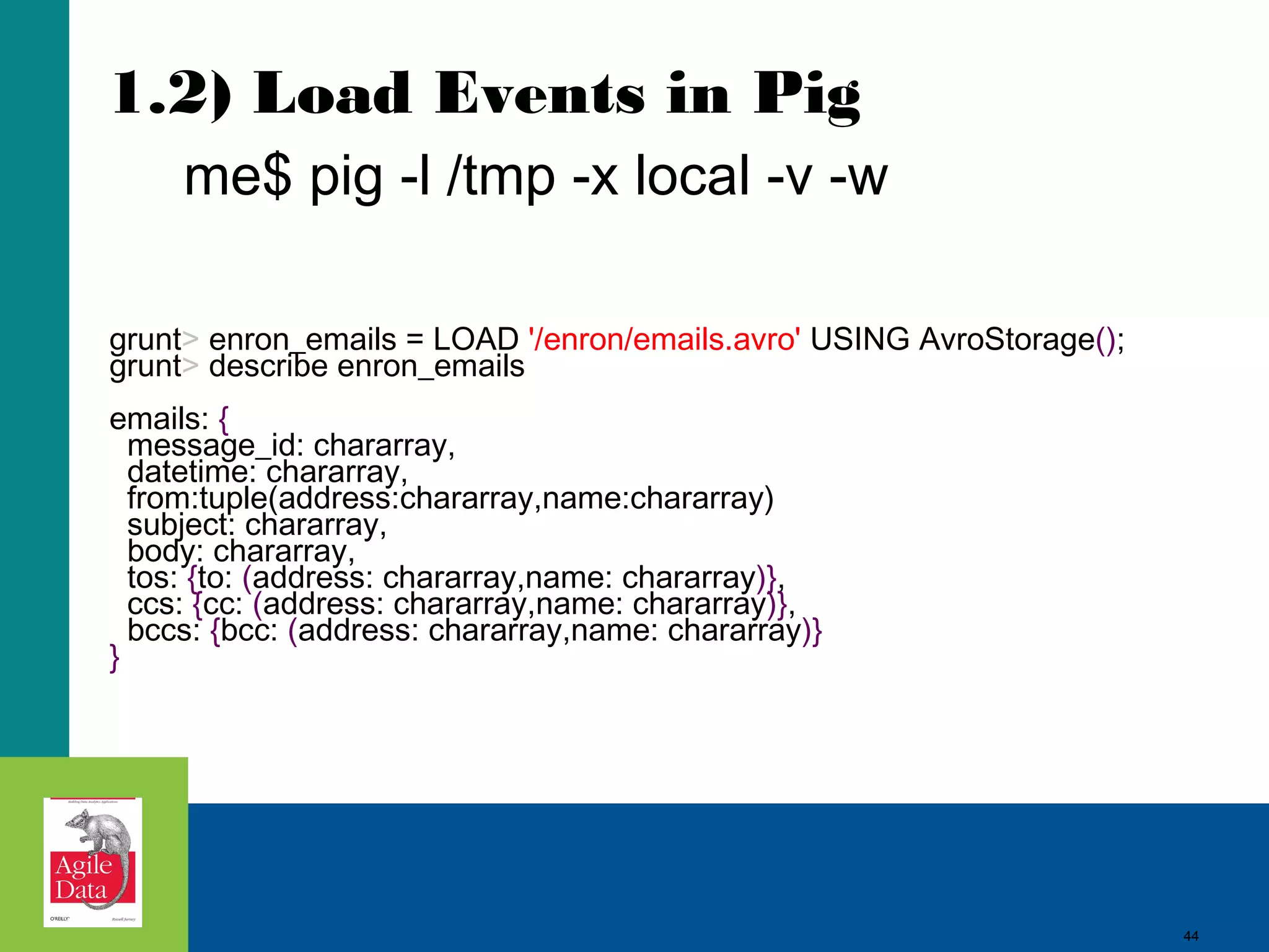 44
1.2) Load Events in Pig
me$ pig -l /tmp -x local -v -w
grunt> enron_emails = LOAD '/enron/emails.avro' USING AvroStorage();
grunt> describe enron_emails
emails: {
message_id: chararray,
datetime: chararray,
from:tuple(address:chararray,name:chararray)
subject: chararray,
body: chararray,
tos: {to: (address: chararray,name: chararray)},
ccs: {cc: (address: chararray,name: chararray)},
bccs: {bcc: (address: chararray,name: chararray)}
}
 
44
 