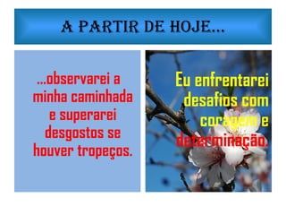A partir de Hoje... ...observarei a minha caminhada e superarei desgostos se houver tropeços. Eu enfrentarei desafios com coragem e  determinação. 