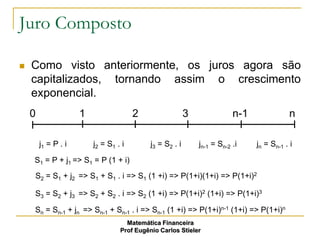 Juro Composto

   Como visto anteriormente, os juros agora são
    capitalizados, tornando assim o crescimento
    exponencial.
    0                1                 2                  3               n-1              n

        j1 = P . i       j2 = S1 . i        j3 = S2 . i       jn-1 = Sn-2 .i    jn = Sn-1 . i

    S1 = P + j1 => S1 = P (1 + i)
    S2 = S1 + j2 => S1 + S1 . i => S1 (1 +i) => P(1+i)(1+i) => P(1+i)2

    S3 = S2 + j3 => S2 + S2 . i => S2 (1 +i) => P(1+i)2 (1+i) => P(1+i)3

    Sn = Sn-1 + jn => Sn-1 + Sn-1 . i => Sn-1 (1 +i) => P(1+i)n-1 (1+i) => P(1+i)n
                                    Matemática Financeira
                                  Prof Eugênio Carlos Stieler
 