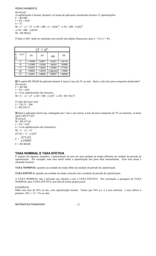 PEDRO NORBERTO

Resolução:
A capitalização é mensal, portanto, no tempo de aplicação considerado teremos 12 capitalizações.
C = R$ 600
i = 4% = 0,04
n = 12
M = C ⋅ (1 + i)n ⇒ M = 600 ⋅ (1 + 0,04)12 ⇒ M = 600 ⋅ (1,04)12
⇒ M = 600 ⋅ 1,60103
M = R$ 960,62
O fator (1,04)12 pode ser calculado com auxílio das tabelas financeiras, para n = 12 e i = 4%.

(1 + i)n
n i⇒
⇓

2%

3%

4%

5%

9

1,19509

1,30477

1,42331

1,55133

10

1,21899

1,34392

1,48024

1,62889

11

1,24337

1,38423

1,53945

1,71034

12

1,26824

1,42576

1,60103

1,79586

13

1,29361

1,46853

1,66507

1,88565

2) O capital R$ 500,00 foi aplicado durante 8 meses à taxa de 5% ao mês. Qual o valor dos juros compostos produzidos?
Resolução:
C = R$ 500
i = 5% = 0,05
n = 8 (as capitalizações são mensais)
M = C ⋅ (1 + i)n ⇒ M = 500 ⋅ (1,05)8 ⇒ M = R$ 738,73
O valor dos juros será:
J = 738,73 – 500
J = R$ 238,73
3) Qual a aplicação inicial que, empregada por 1 ano e seis meses, à taxa de juros compostos de 3% ao trimestre, se torna
igual a R$ 477,62?
Resolução:
M = R$ 477,62
i = 3% = 0,03
n = 6 (as capitalizações são trimestrais)
M = C ⋅ (1 + i)n
477,62 = C ⋅ (1,03)6
477,62
C=
1,19405
C = R$ 400,00

TAXA NOMINAL E TAXA EFETIVA
É comum em algumas situações, a apresentação da taxa em uma unidade de tempo diferente da unidade do período de
capitalização. Por exemplo, uma taxa anual sendo a capitalização dos juros feita mensalmente. Essa taxa anual e
chamada nominal.
TAXA NOMINAL: quando sua unidade de tempo difere da unidade do período de capitalização.
TAXA EFETIVA: quando sua unidade de tempo coincide com a unidade do período de capitalização.
A TAXA NOMINAL não é utilizada nos cálculos e sim a TAXA EFETIVA. Por convenção, a passagem da TAXA
NOMINAL para TAXA EFETIVA será feita de forma proporcional.
EXEMPLOS:
Dada uma taxa de 36% ao ano, com capitalização mensal. Temos que 36% a.a. é a taxa nominal; a taxa efetiva é
portanto, 36% ÷ 12 = 3% ao mês.

MATEMÁTICA FINANCEIRA

12

 