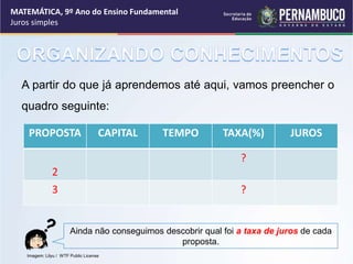 A partir do que já aprendemos até aqui, vamos preencher o
quadro seguinte:
PROPOSTA CAPITAL TEMPO TAXA(%) JUROS
2
?
3 ?
Ainda não conseguimos descobrir qual foi a taxa de juros de cada
proposta.
MATEMÁTICA, 9º Ano do Ensino Fundamental
Juros simples
Imagem: Lilyu / WTF Public License
 